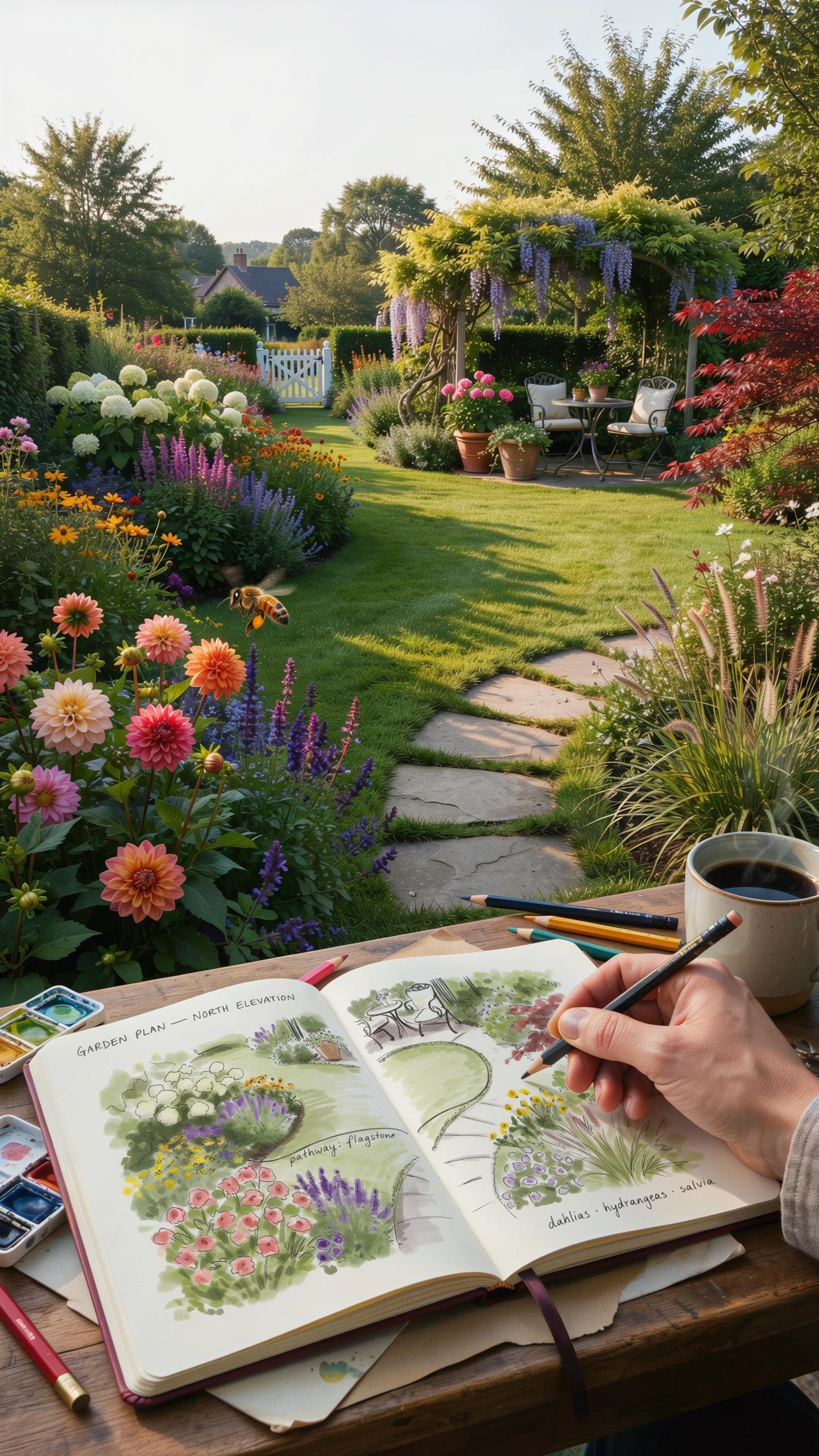 A person's hand sketches a garden design in a notebook with watercolors and pencils on a wooden table, overlooking a vibrant, manicured garden path le