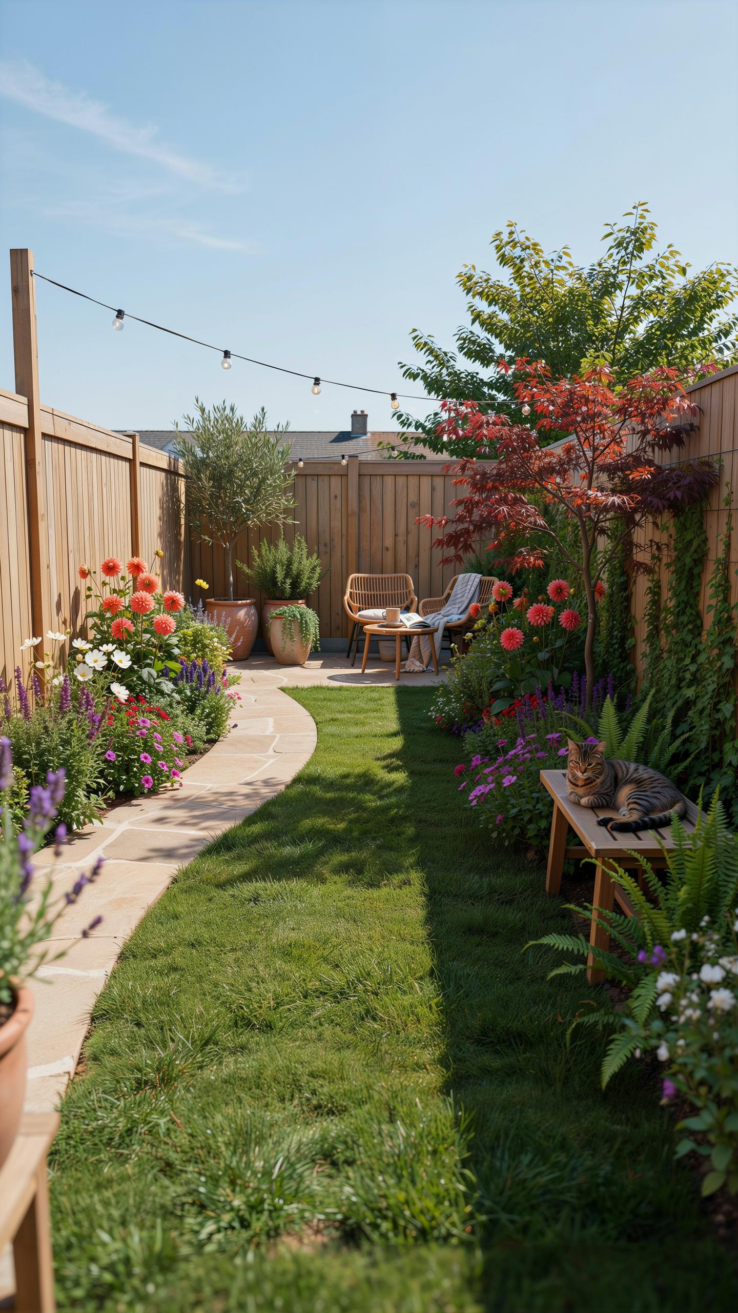 A narrow, sunlit backyard features a stone path winding through a lush green lawn, bordered by vibrant flower beds, and leading to a cozy seating area