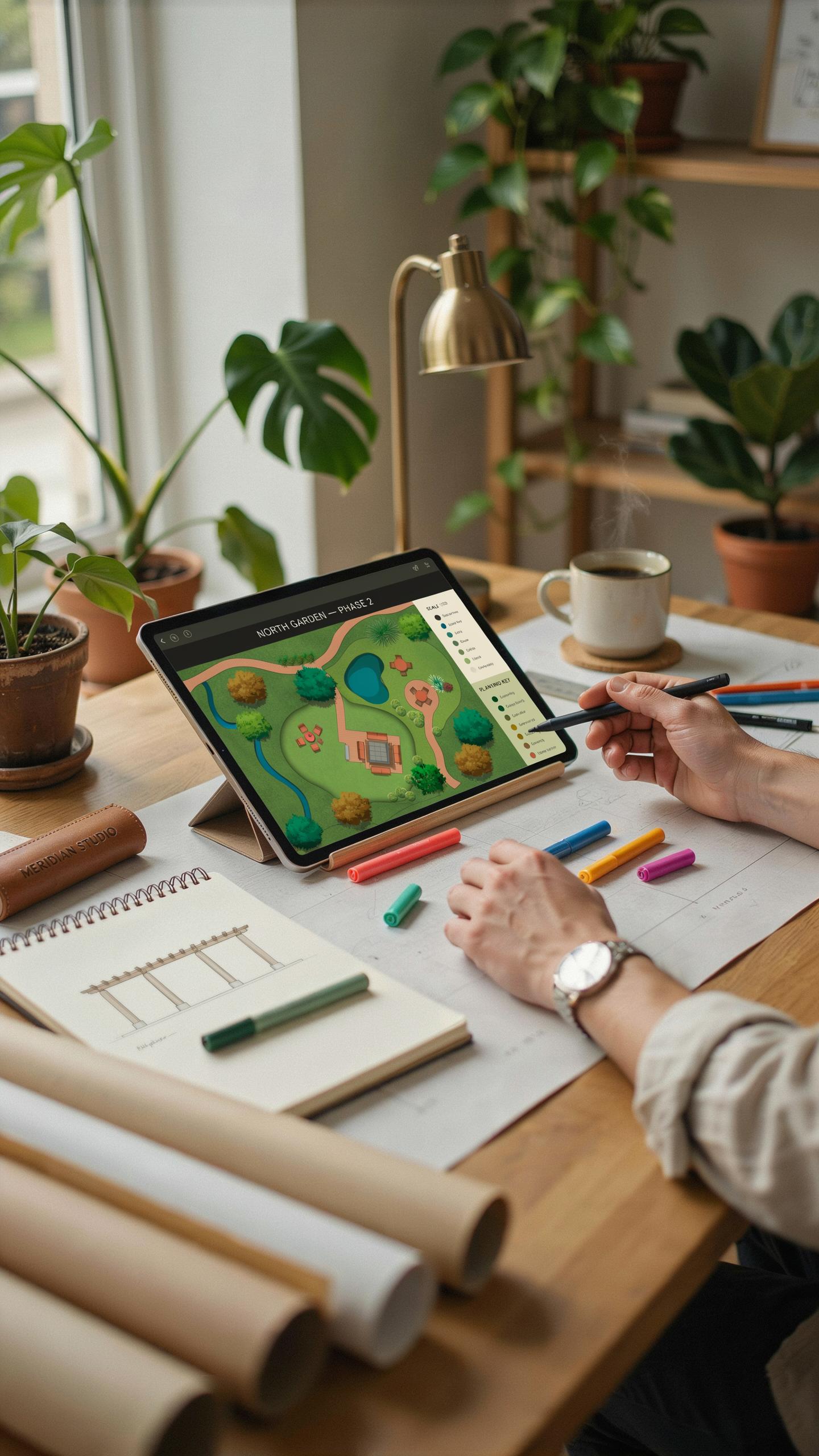 A person is seated at a wooden desk, designing a landscape plan on a digital tablet with a stylus, surrounded by potted green plants, colorful art sup