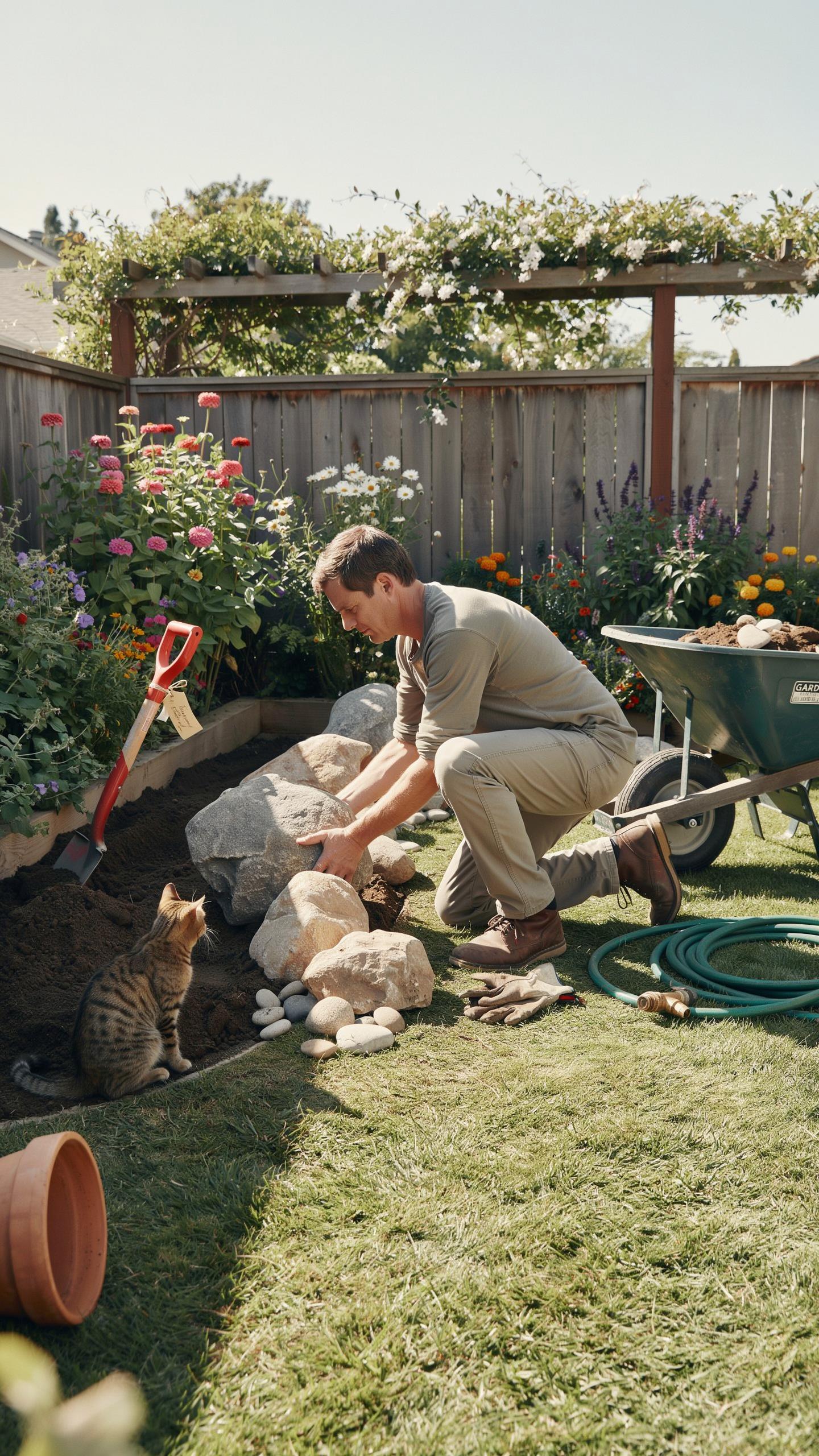 A man in a tan shirt and pants is kneeling in a garden, placing light-colored rocks into a trench, while a striped cat watches intently from the left