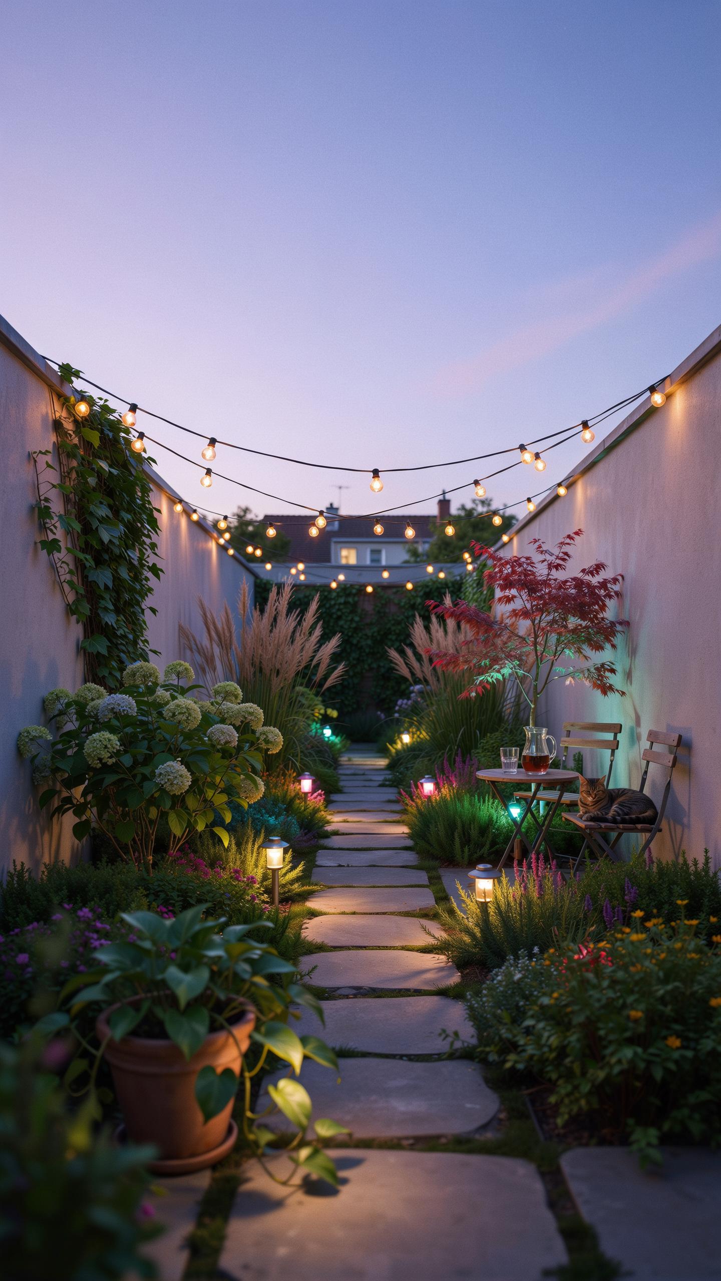 A narrow, beautifully lit garden path at dusk, with large square stepping stones winding between lush green and flowering plants, and string lights st