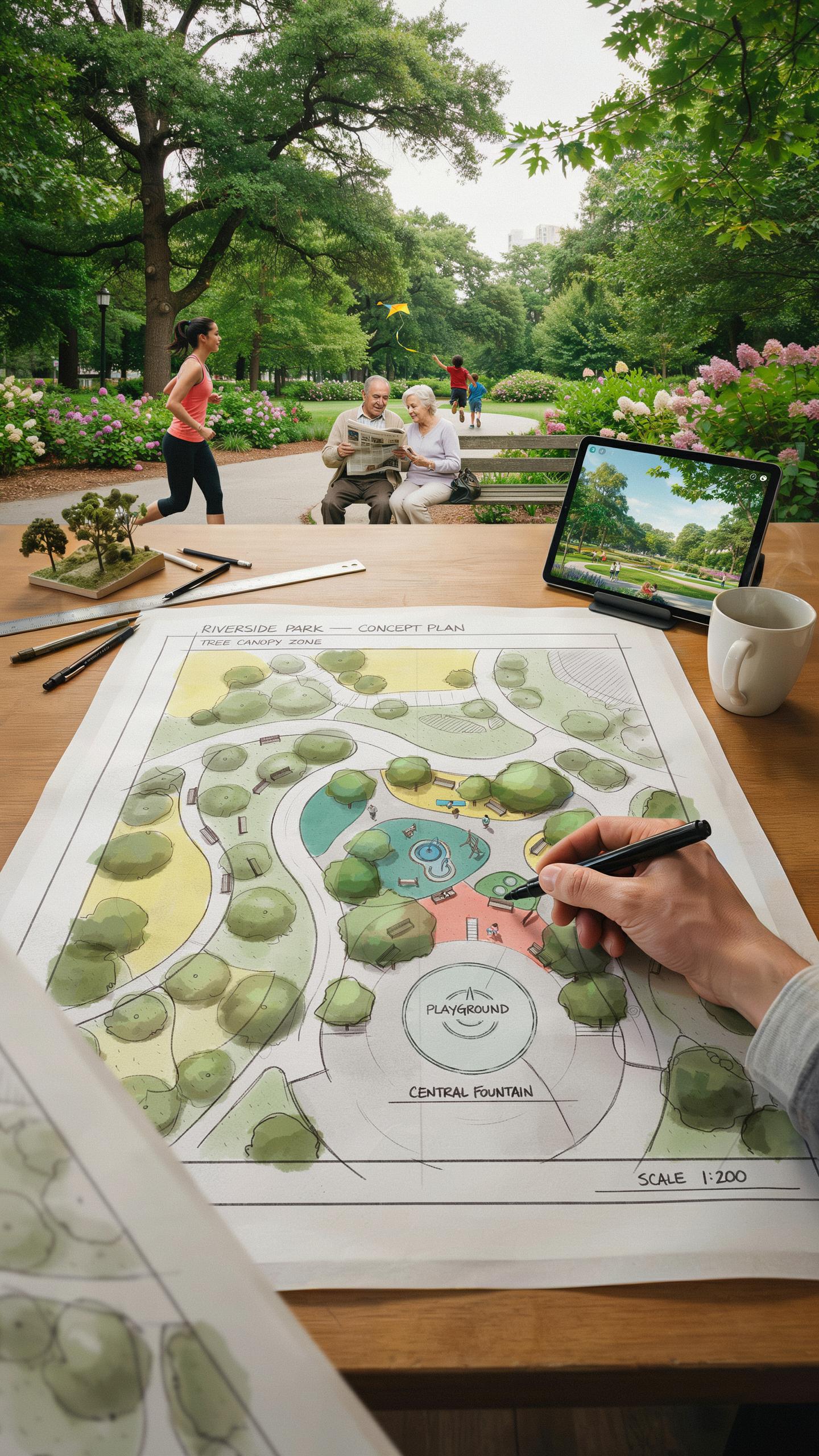 A close-up overhead shot of a person's hand drawing on a landscape design blueprint, with a tablet displaying a park scene and the actual park visible