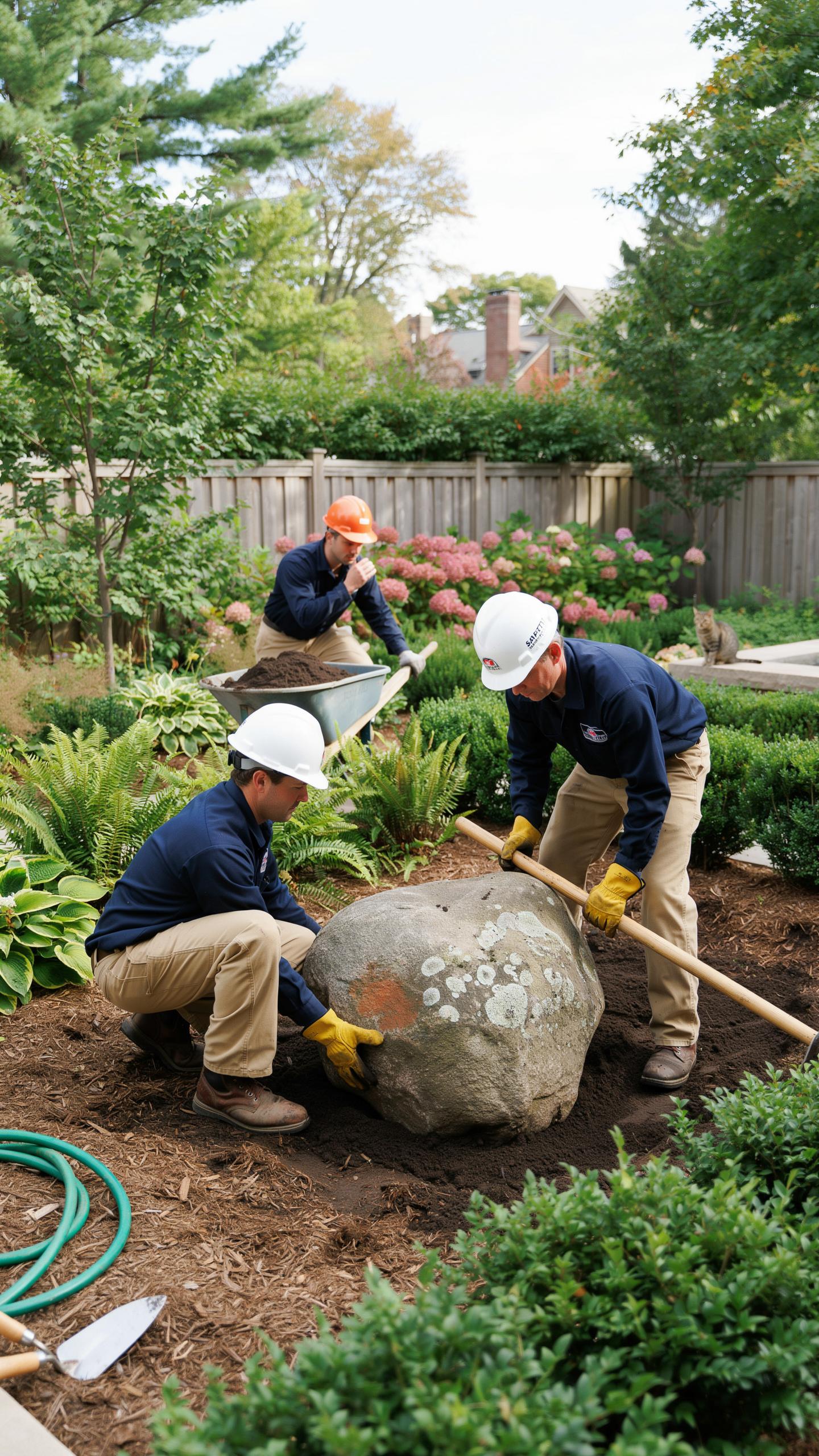 Three landscapers in hard hats and work attire are working in a lush garden, with two men placing a large rock in the foreground while another pushes