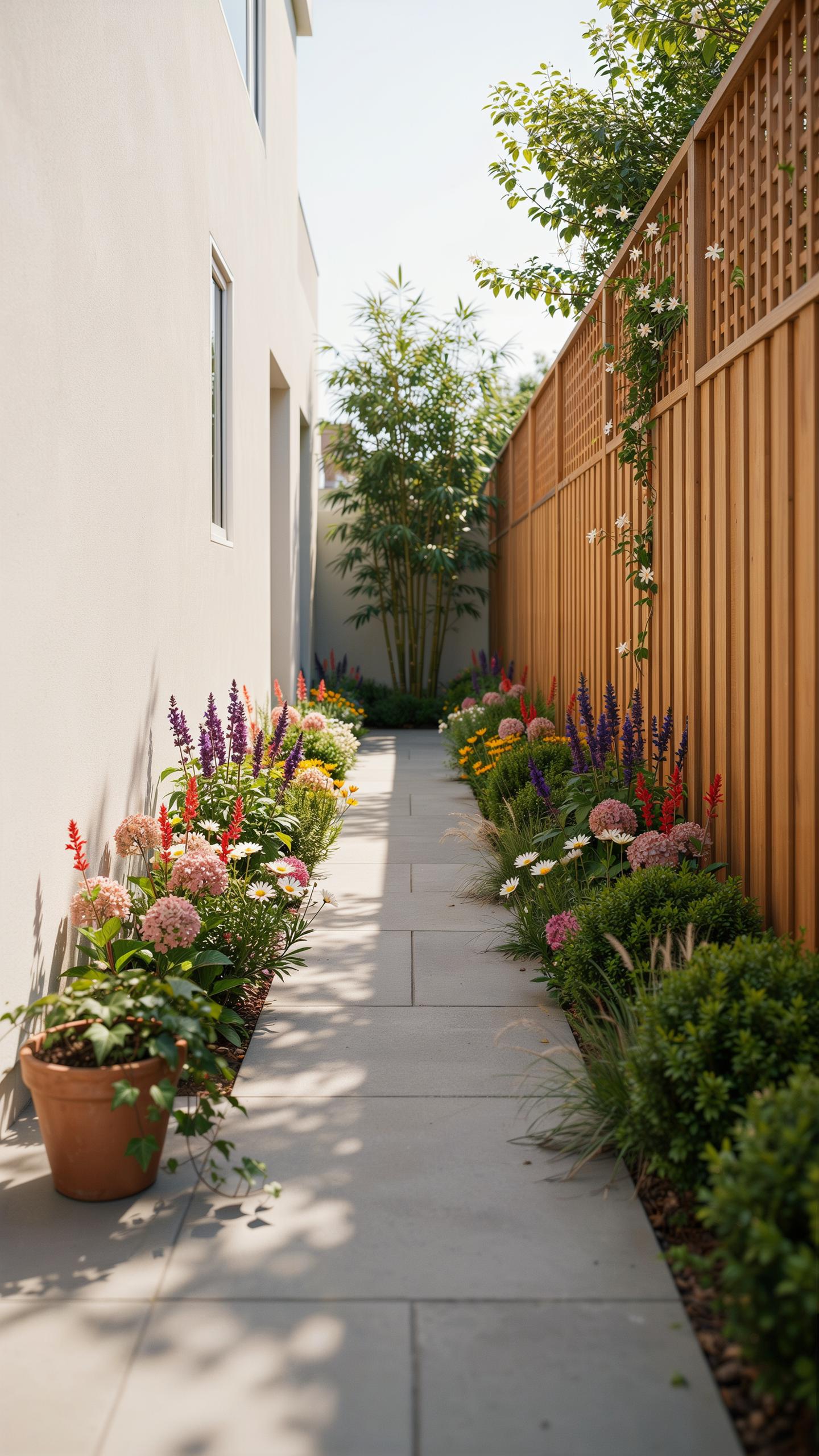 A narrow, sunlit garden path with a light-colored flagstone surface runs between a white building and a tall wooden fence, flanked by colorful flower