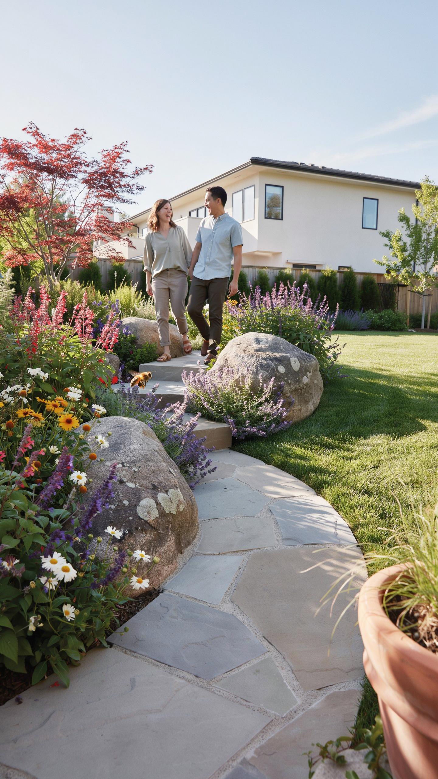 A man and a woman walk hand-in-hand down a winding flagstone path through a vibrant, landscaped garden with a white house in the background under a bl