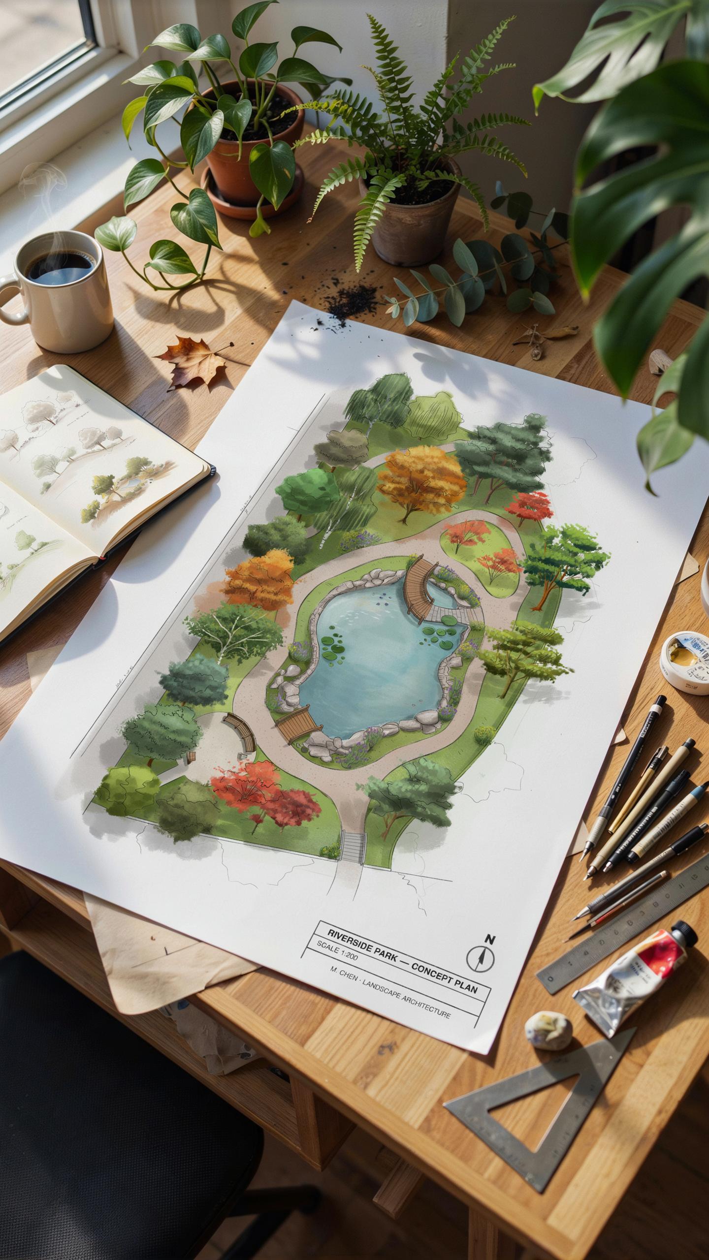 A bird's-eye view of a detailed landscape design drawing with a central pond surrounded by trees and paths, laid on a rustic wooden desk next to art s