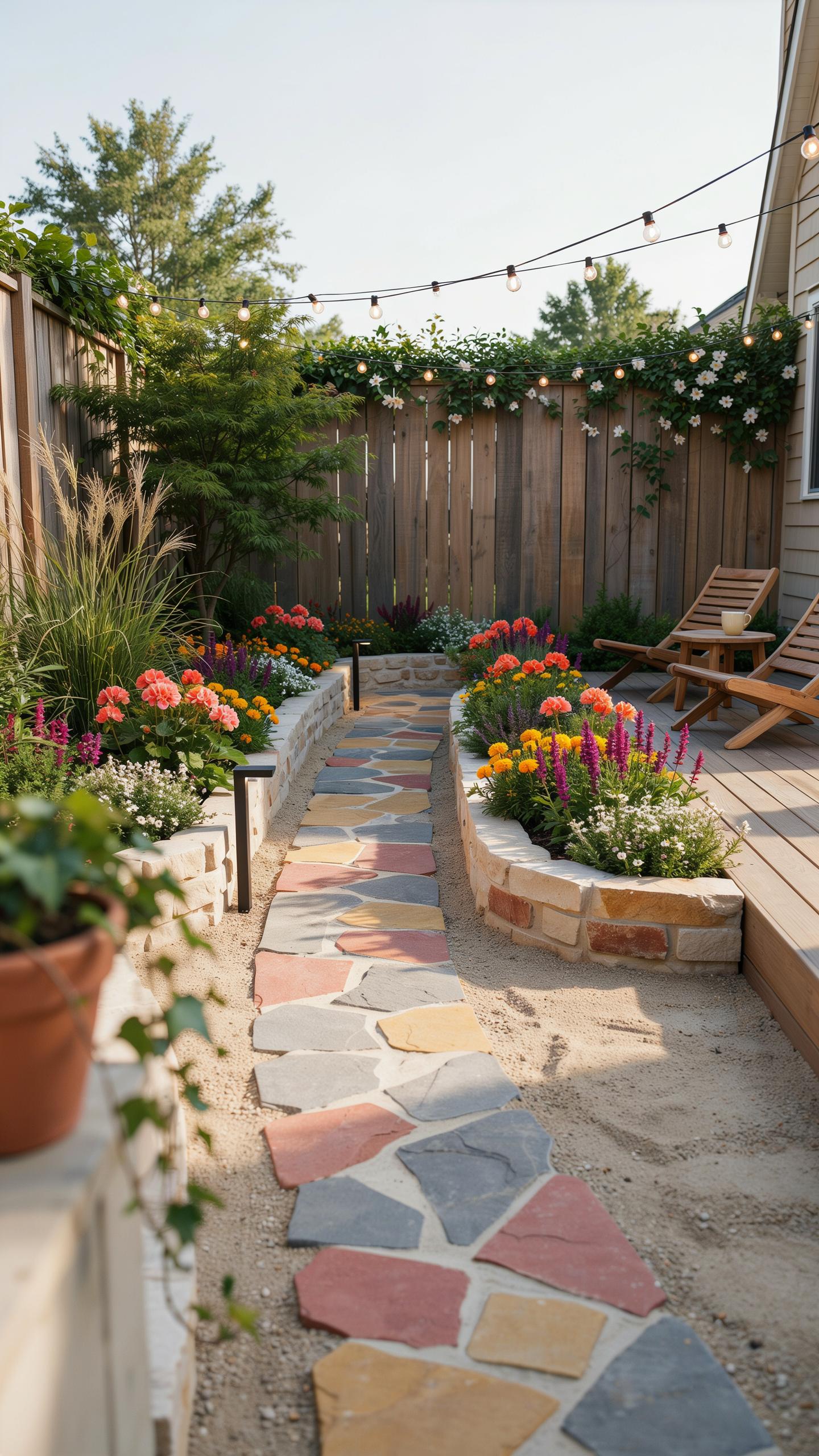 A colorful flagstone path winds through a lush backyard garden with raised flower beds, leading towards a wooden deck.