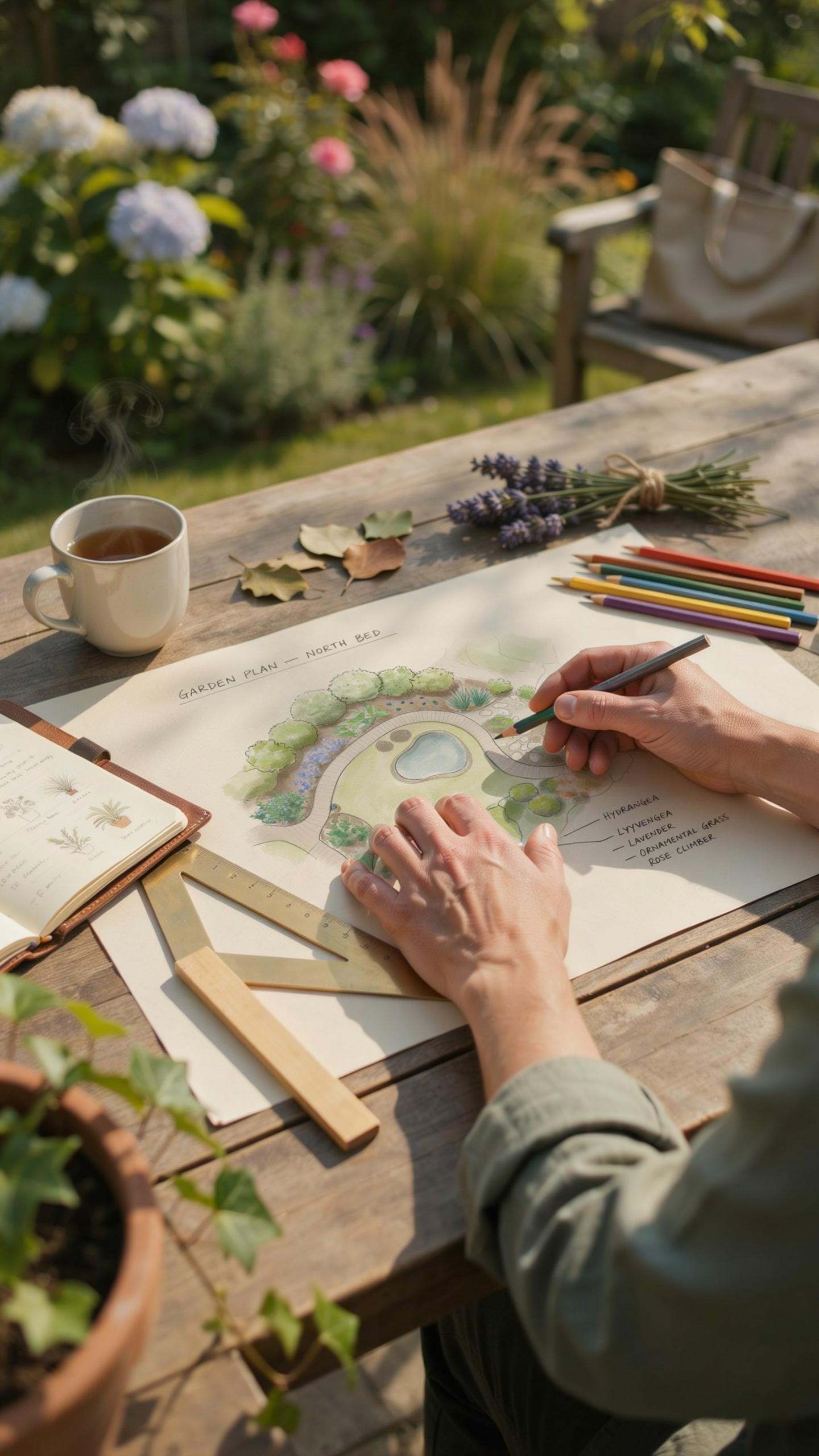 A close-up overhead shot shows a person's hands drawing a garden design on paper with colored pencils on a rustic wooden table, surrounded by lavender