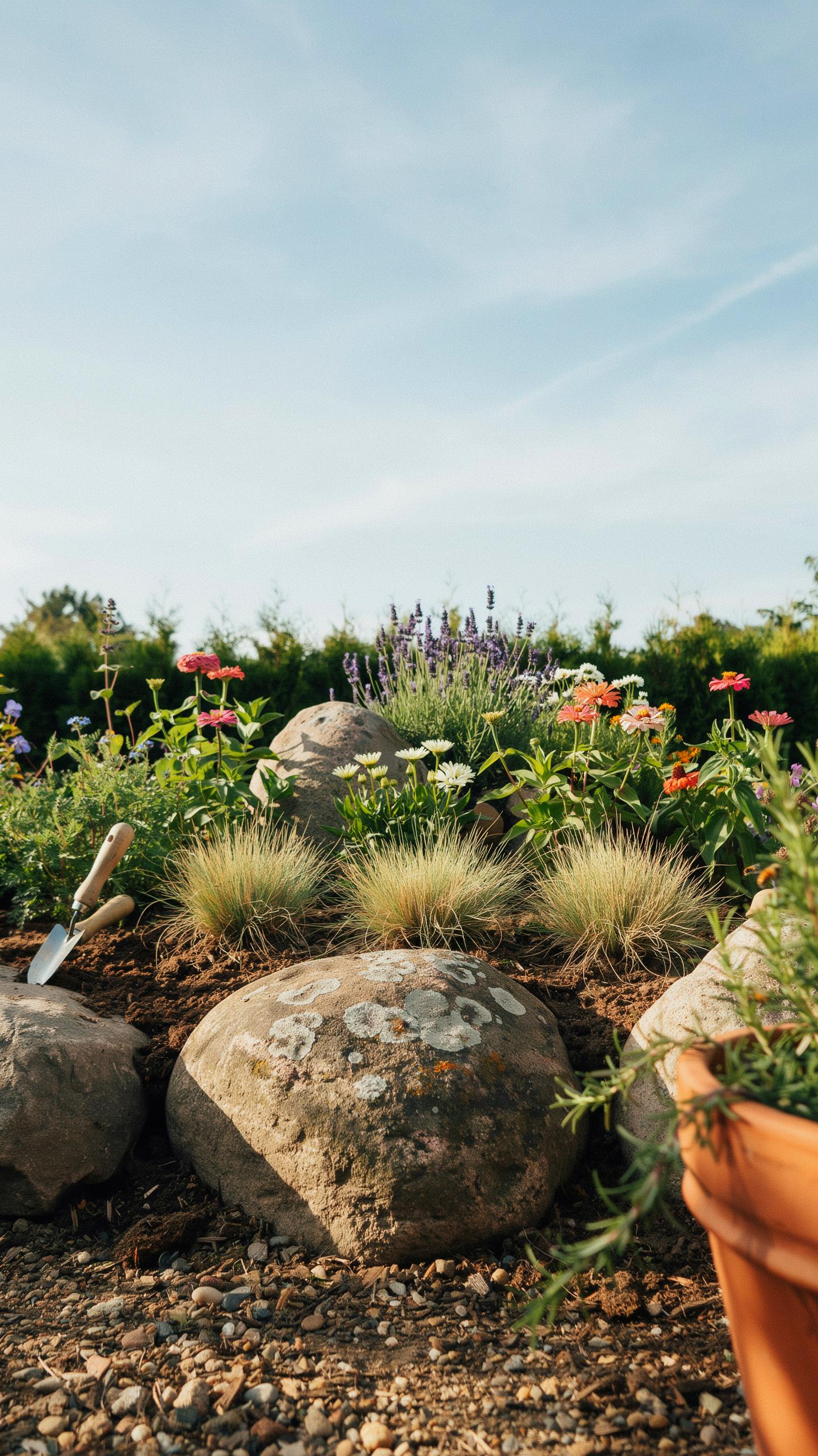 A close-up view of a tiered garden bed featuring large round rocks, various green plants, blooming white and red flowers, and a small trowel resting o
