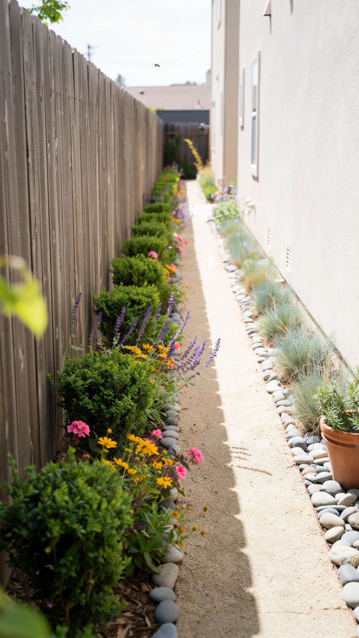 A narrow outdoor pathway between a wooden fence on the left and a light-colored building on the right, with a long, linear garden bed on each side fea