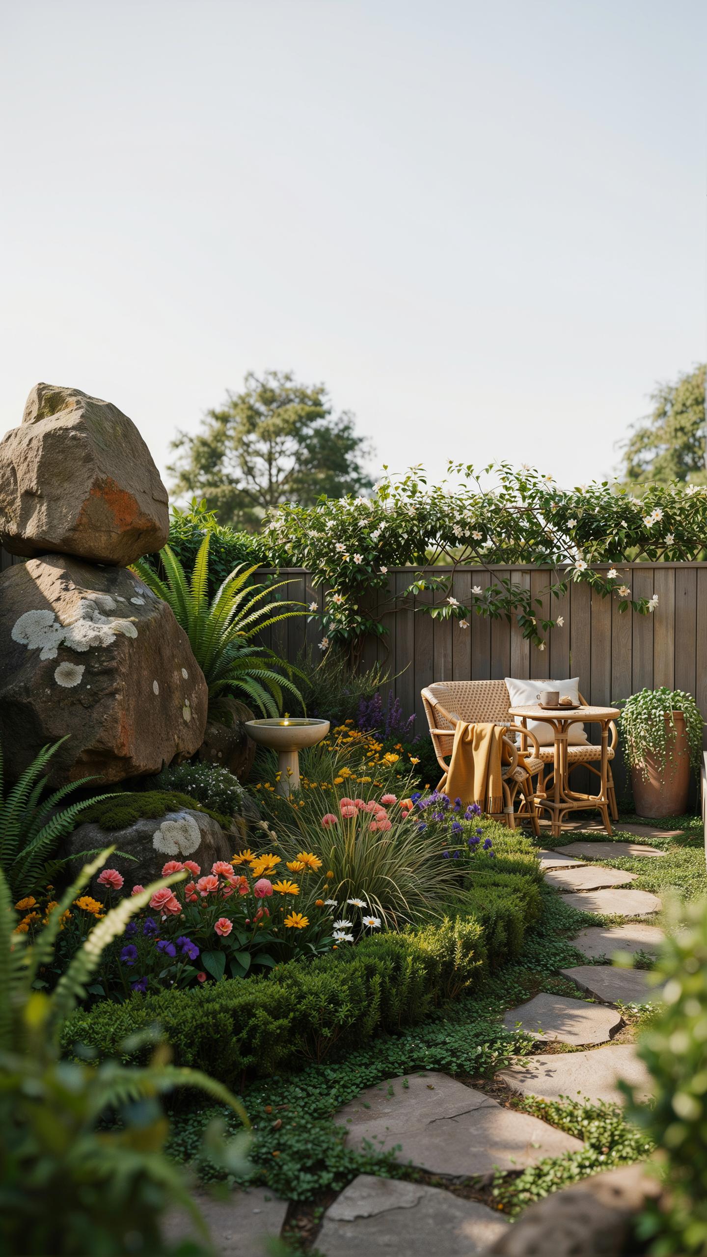 A beautiful, sunlit garden features a winding stone pathway, lush greenery, colorful flowers, a birdbath, and a cozy outdoor seating area with a small