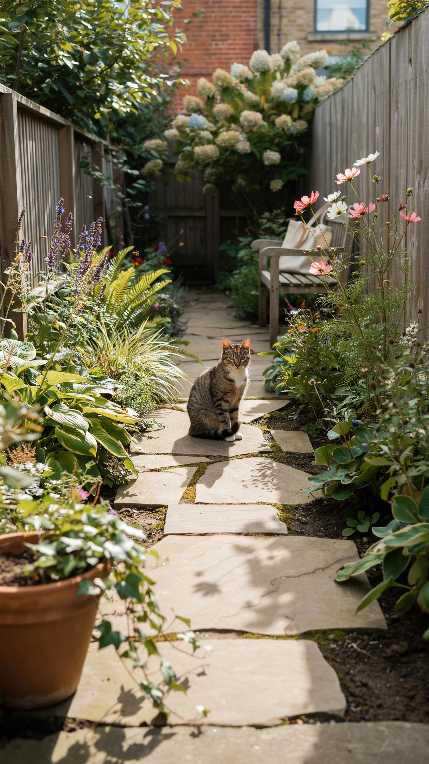 A tabby cat sits patiently in the middle of a sun-dappled flagstone path that leads through a lush, green garden between two wooden fences.
