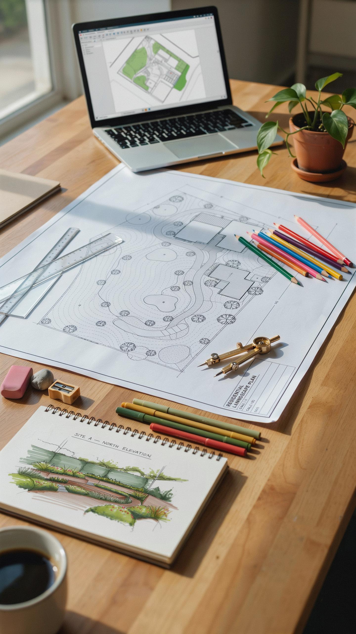 A wooden desk is cluttered with architectural or landscape design tools and documents, including a laptop displaying a green blueprint, a large paper