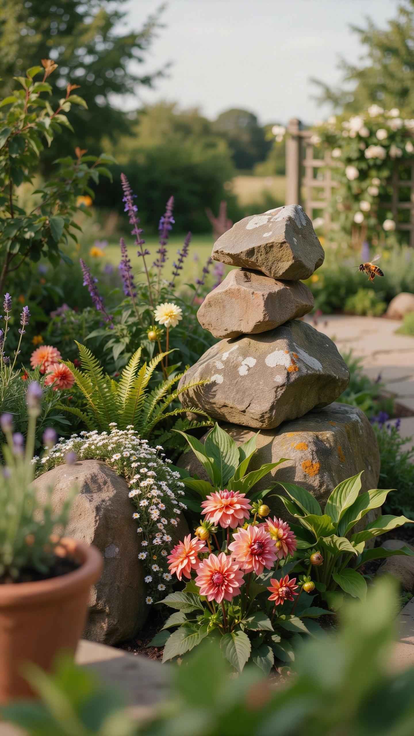 A close-up view of a garden path with a cairn of four large stacked rocks surrounded by various colorful blooming flowers and green foliage, with more