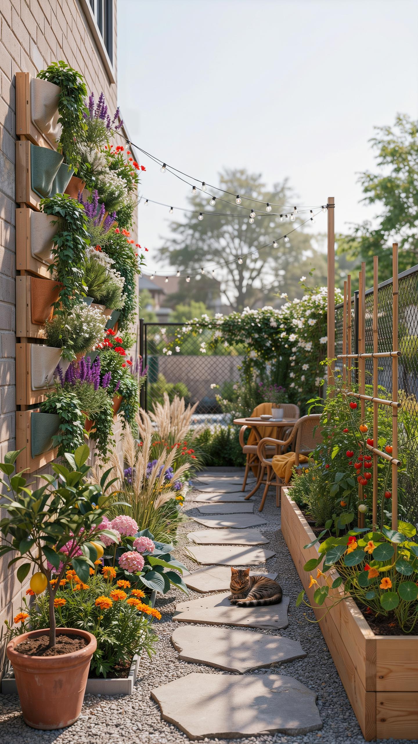 A narrow, sunlit backyard garden features a stepping stone path, raised garden beds, a vertical planter wall with colorful flowers, and a cat resting