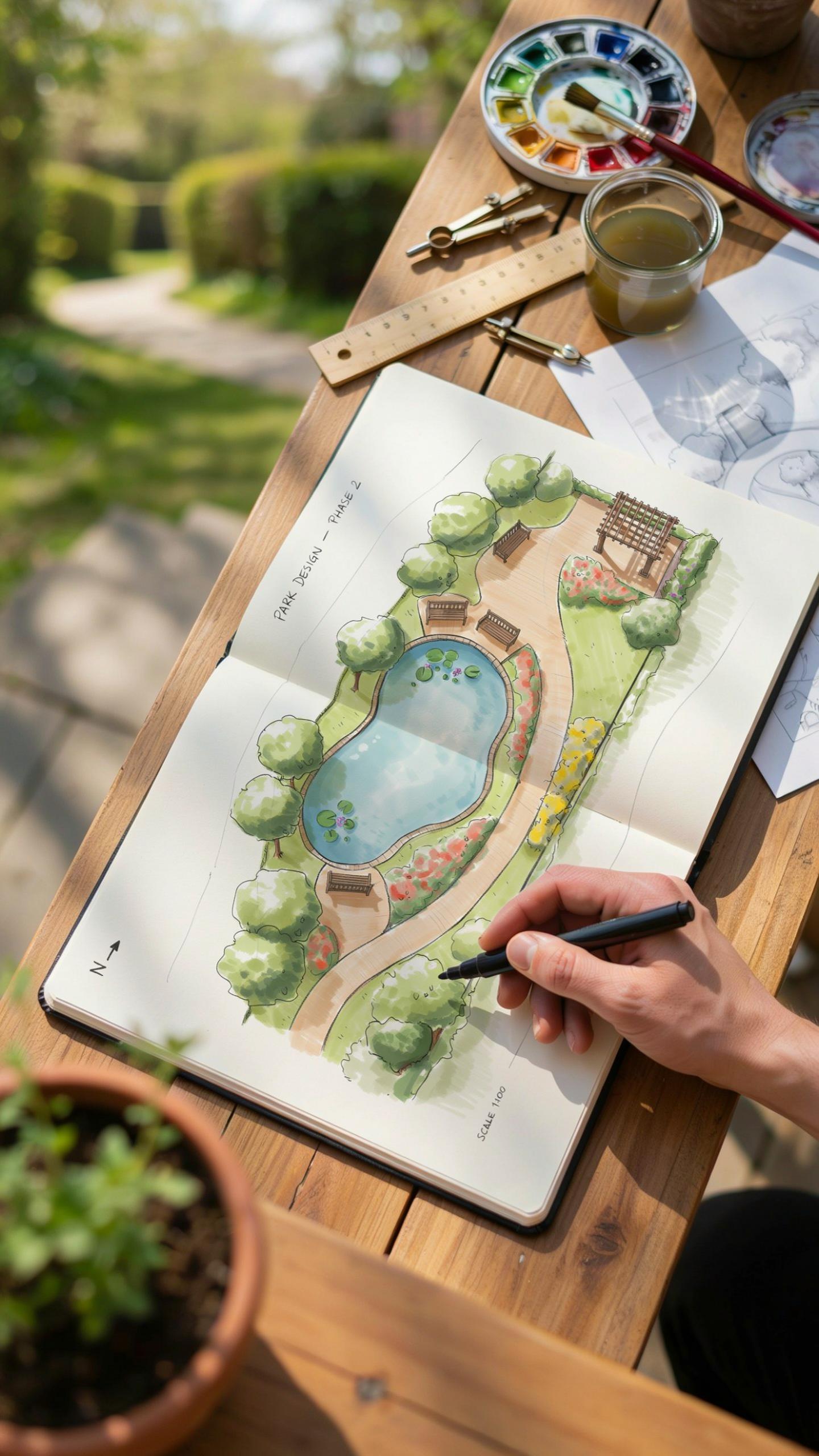 A person's hands draw a watercolor landscape design sketch on an open notebook, depicting a pond surrounded by paths and trees, on a wooden outdoor ta