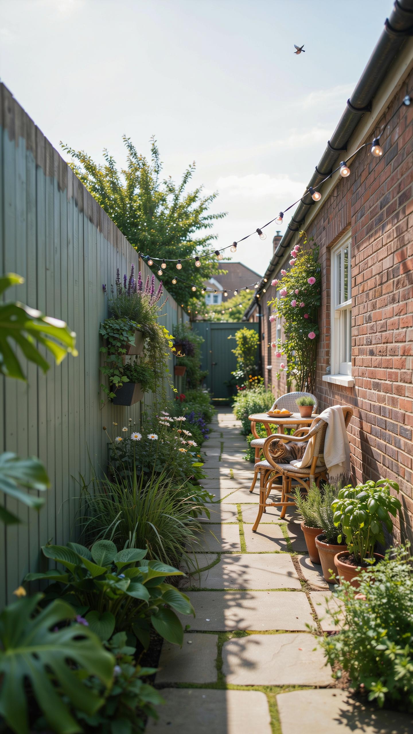 A narrow, sunlit garden path made of flagstones runs between a light green wooden fence adorned with hanging plants on the left and a red brick buildi