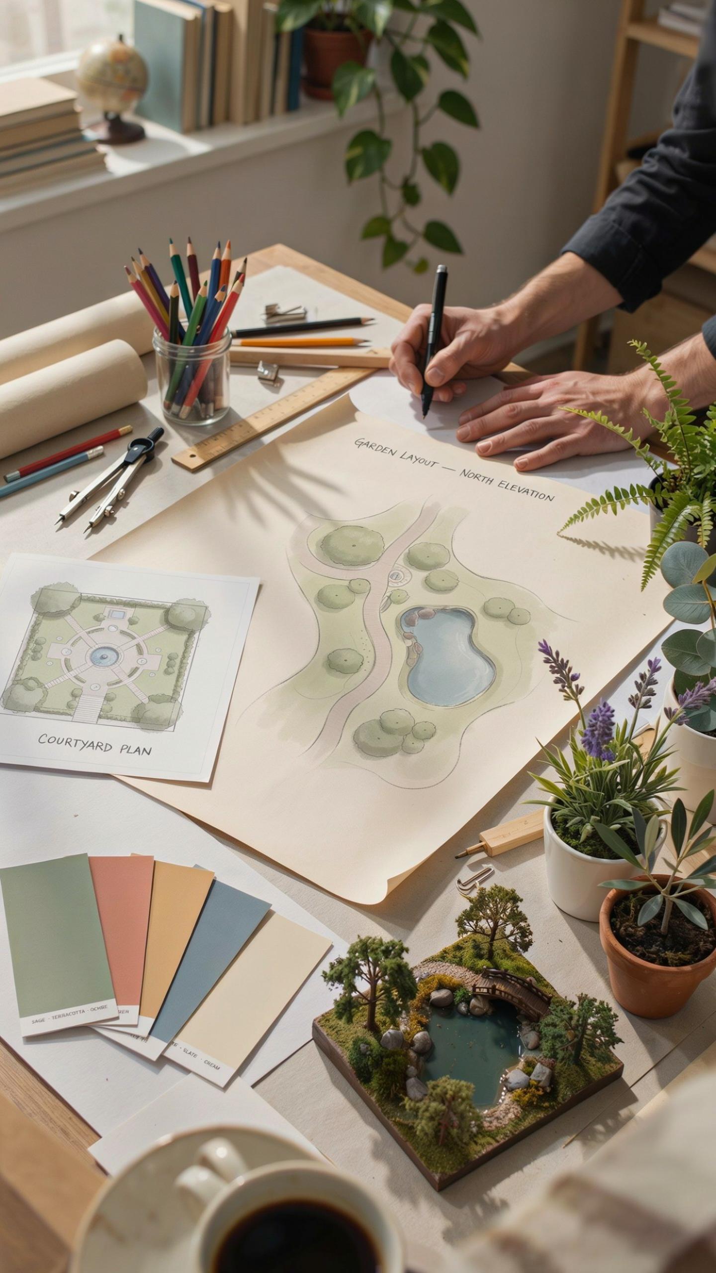 A person's hands are drawing a landscape design on a large sheet of paper at a sunlit desk, surrounded by colored pencils, smaller design sketches, pa