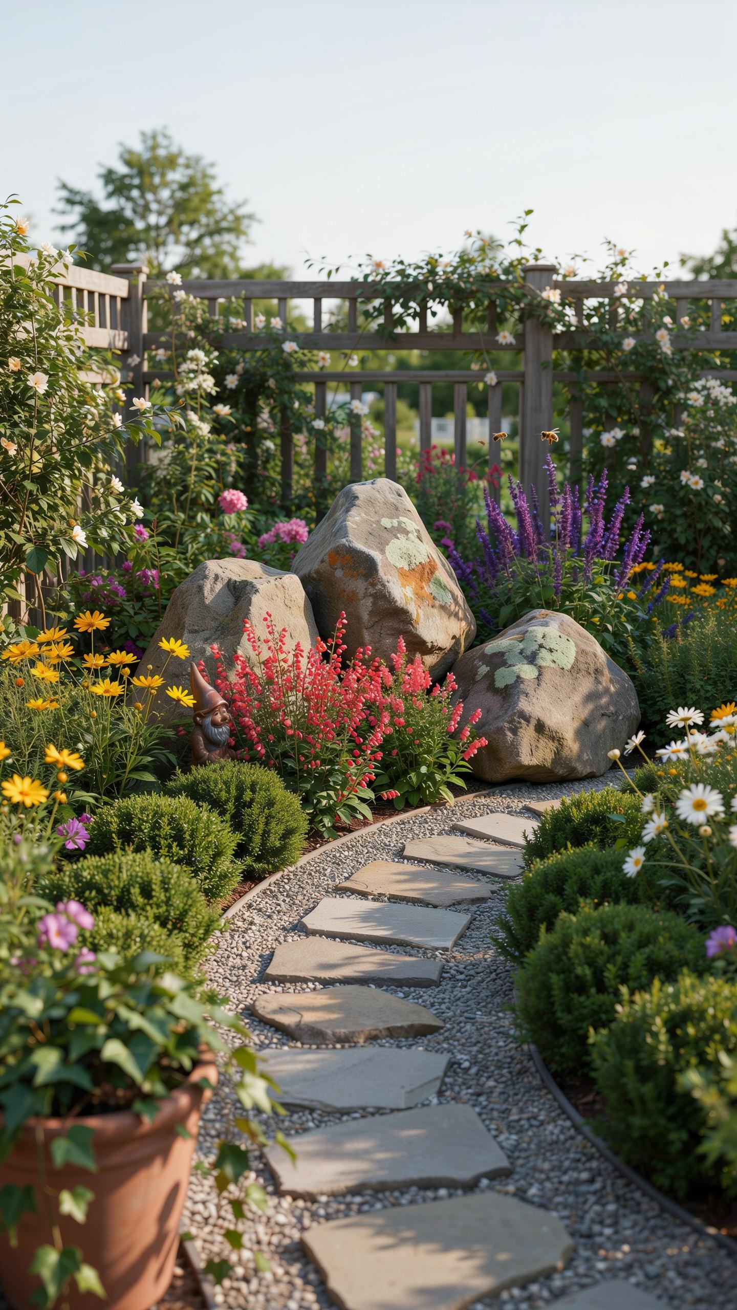 A winding garden path made of irregularly shaped stepping stones set in gravel, bordered by lush green bushes and vibrant flowers in shades of red, ye