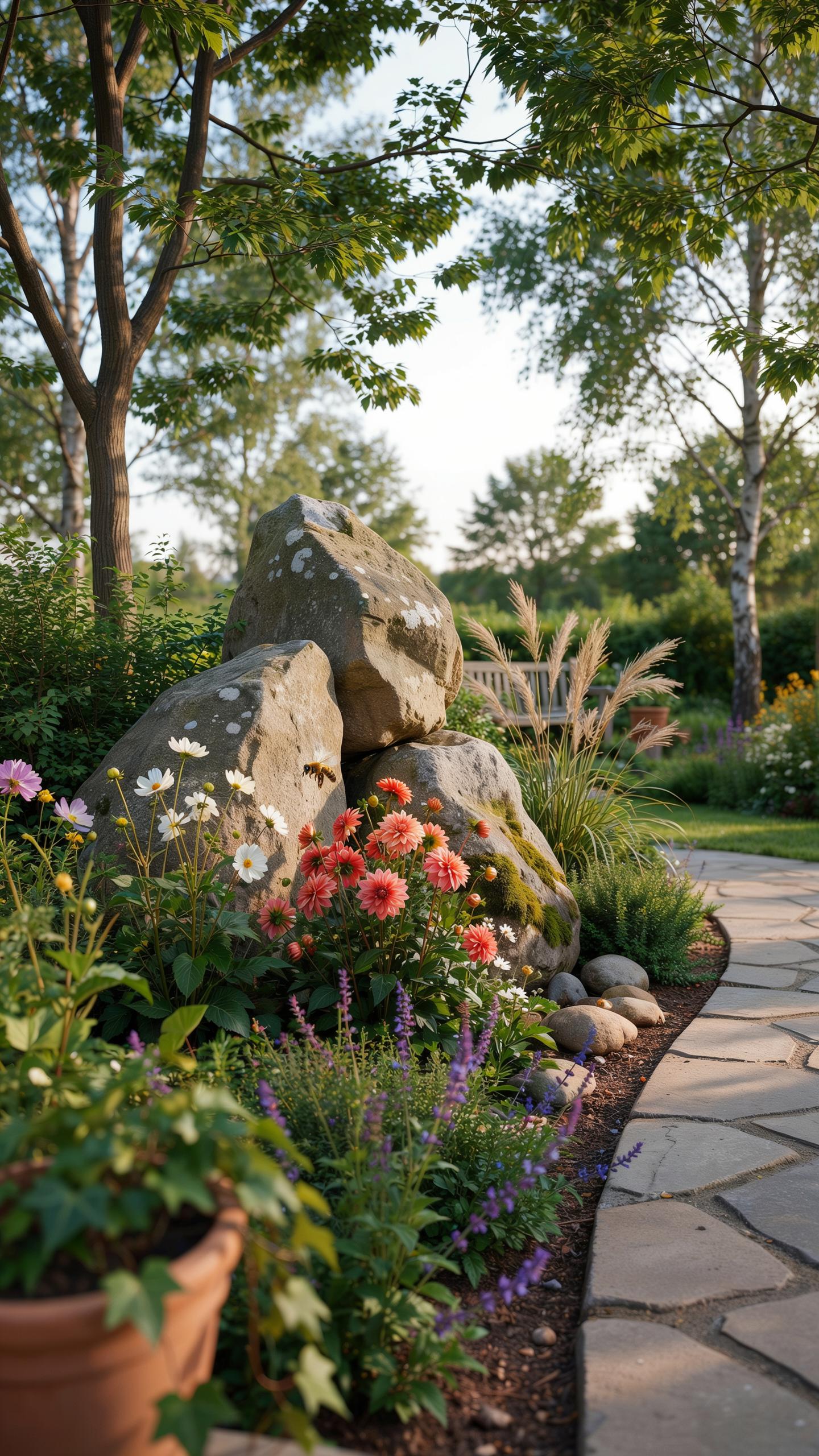 A stone pathway curves through a lush garden with large boulders, vibrant flowers in shades of pink, red, and purple, and various green plants, with t