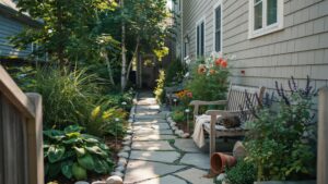 A narrow, flagstone path bordered by lush green plants leads from the foreground towards a sunlit opening in the background, with a weathered wooden b