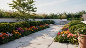A modern garden features a light-colored paved pathway bordered by low, rounded green bushes and beds of colorful flowers in orange, pink, and yellow