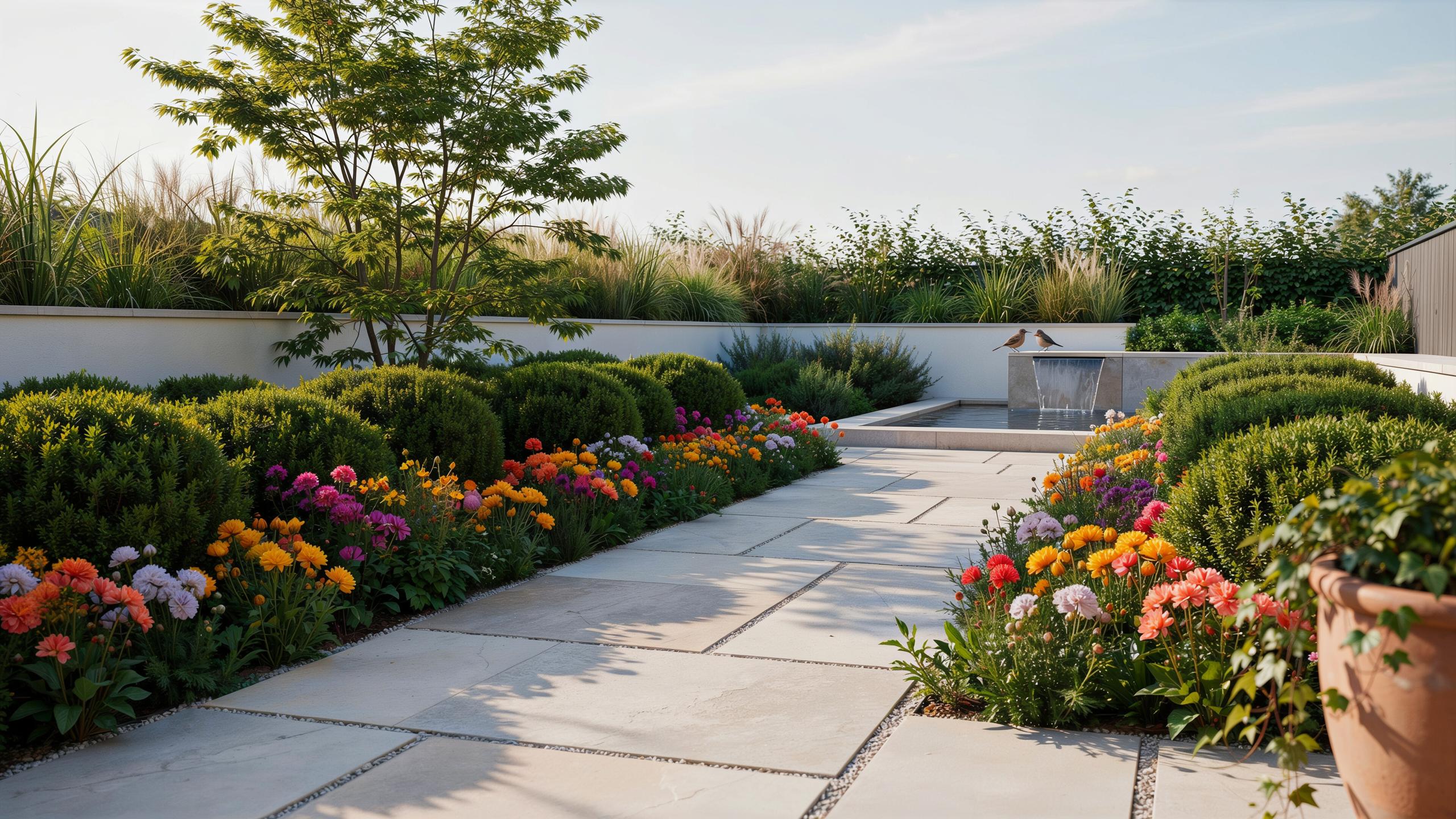 A modern garden features a light-colored paved pathway bordered by low, rounded green bushes and beds of colorful flowers in orange, pink, and yellow