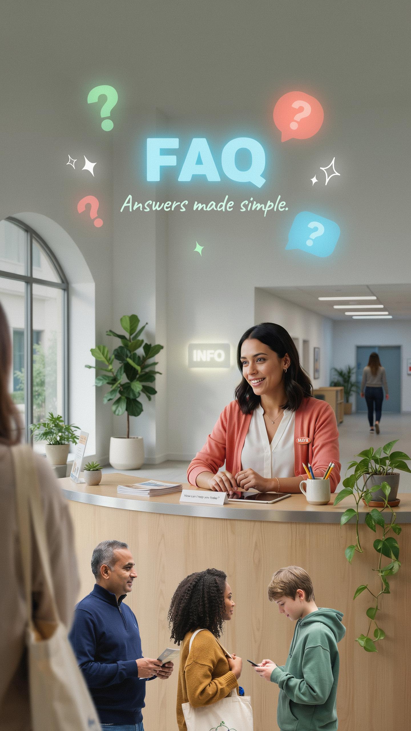 A friendly woman with dark hair wearing a peach-colored cardigan sits smiling at a light-colored reception desk, while three people wait in line and a