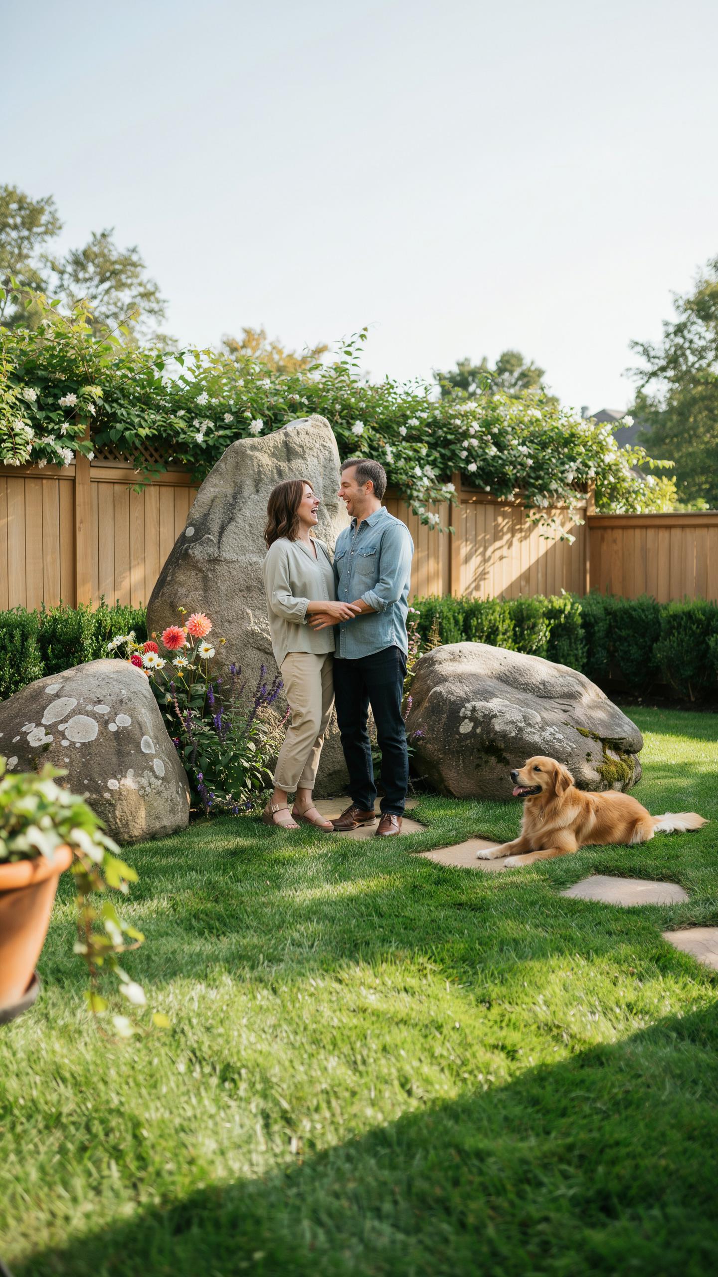 A man and a woman stand together, holding hands and looking at each other, in a sunlit backyard with large rocks, green grass, a wooden fence, and a g