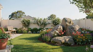 A lush, well-maintained backyard features a green lawn, a large rock garden with various flowering plants, and a light-colored fence enclosing the per