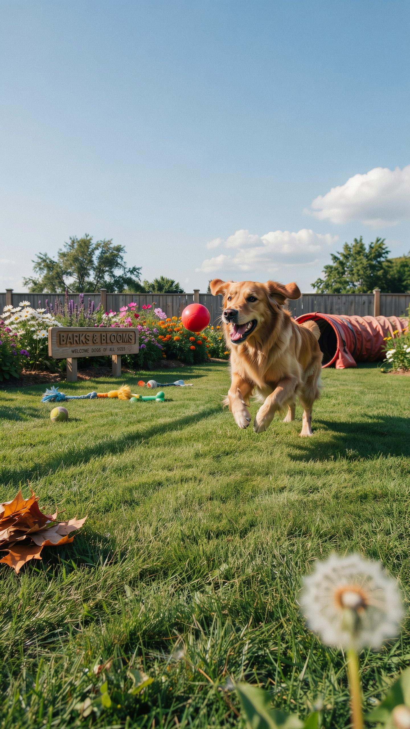 A happy golden retriever runs across a sunny green lawn towards a red ball, with a dandelion in the foreground and a dog agility tunnel in the backgro