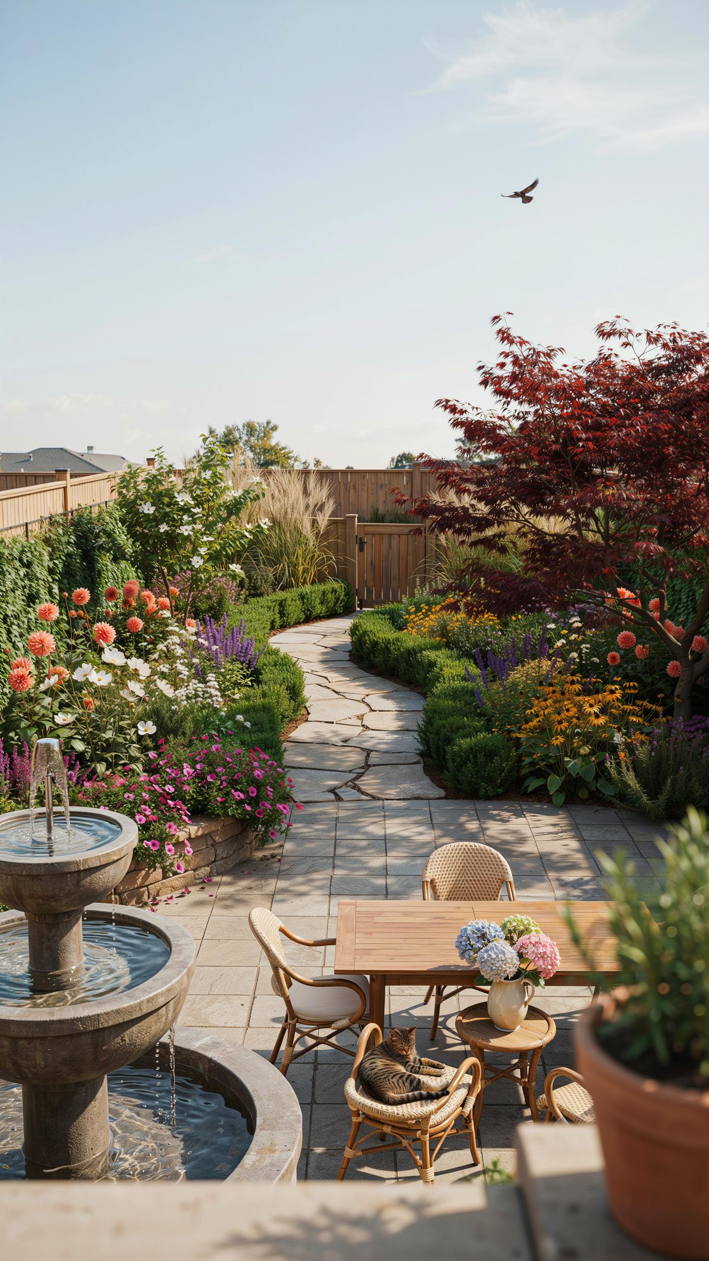 A beautiful, sunlit formal garden features a two-tiered stone fountain, a flagstone patio with a wooden dining table and wicker chairs, and a winding