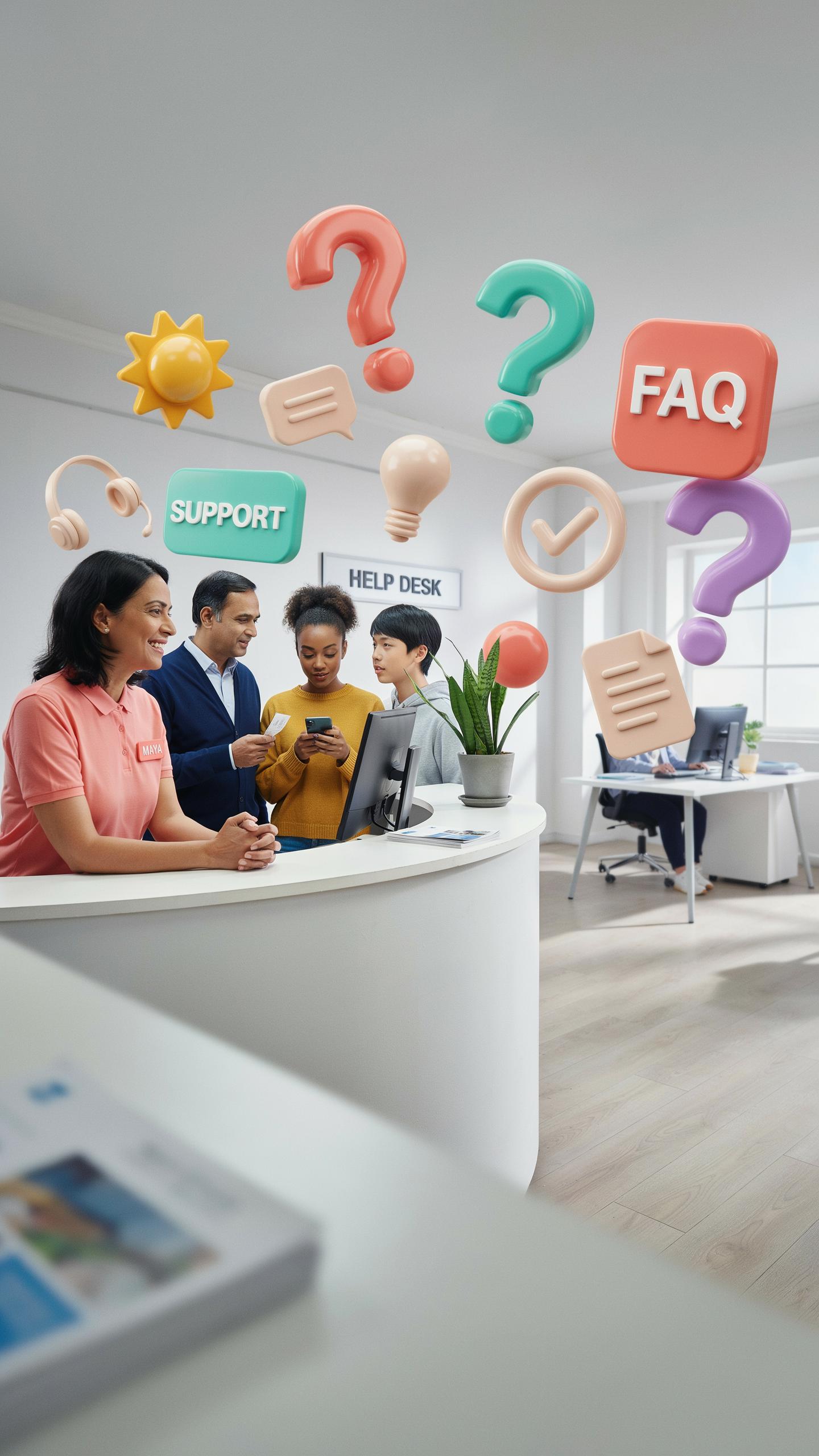 Four diverse people interact at a curved white reception desk in a brightly lit office, with 3D icons like question marks, a sun, and a lightbulb floa
