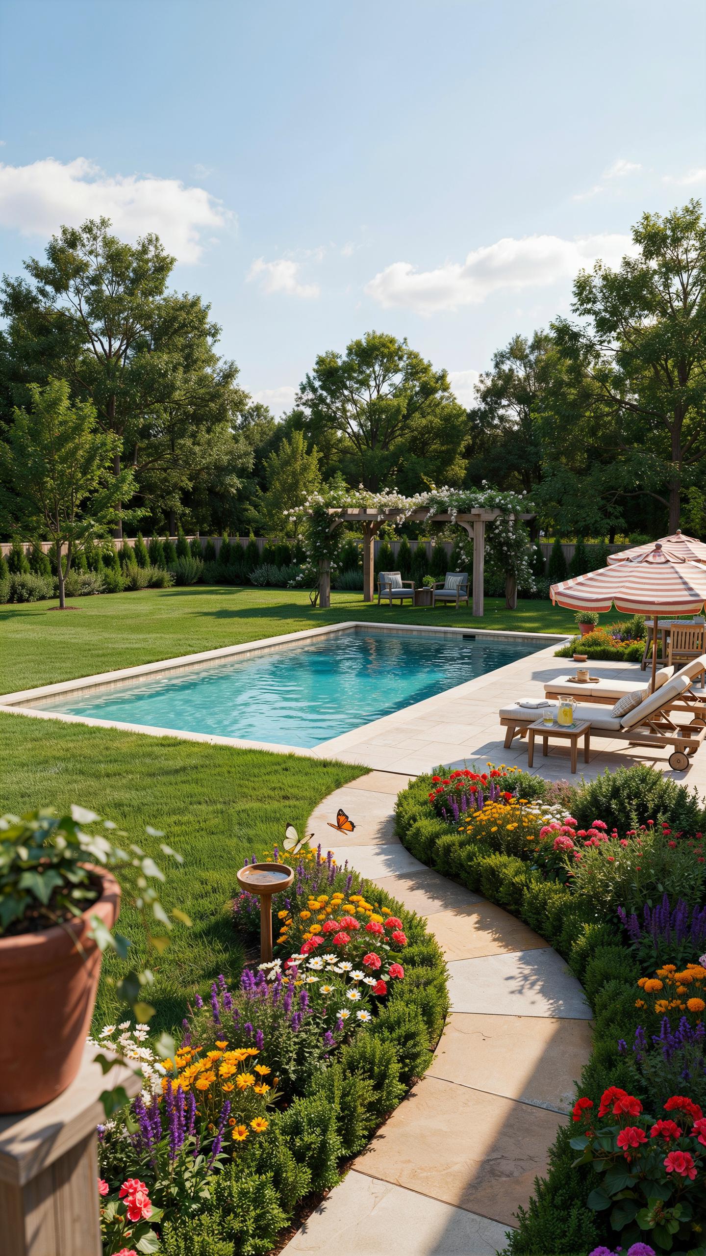 A beautiful backyard features a rectangular swimming pool surrounded by a manicured lawn, vibrant flowerbeds, and a winding stone path leading to loun