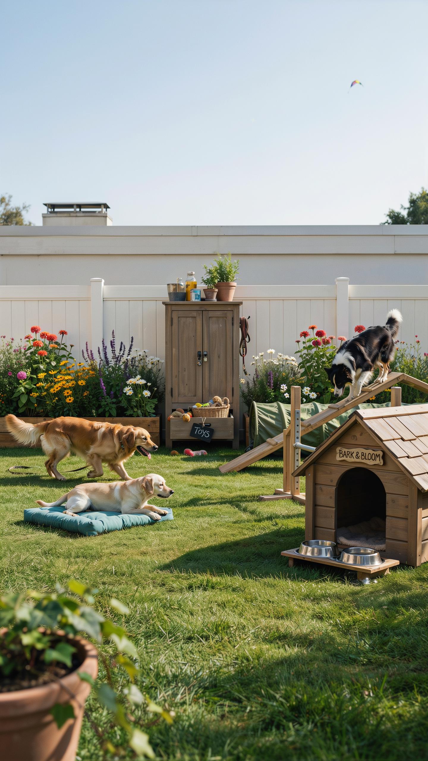 Two golden retrievers relax on dog beds in a lush green backyard, with a third black and white dog jumping over an agility obstacle, while various pla