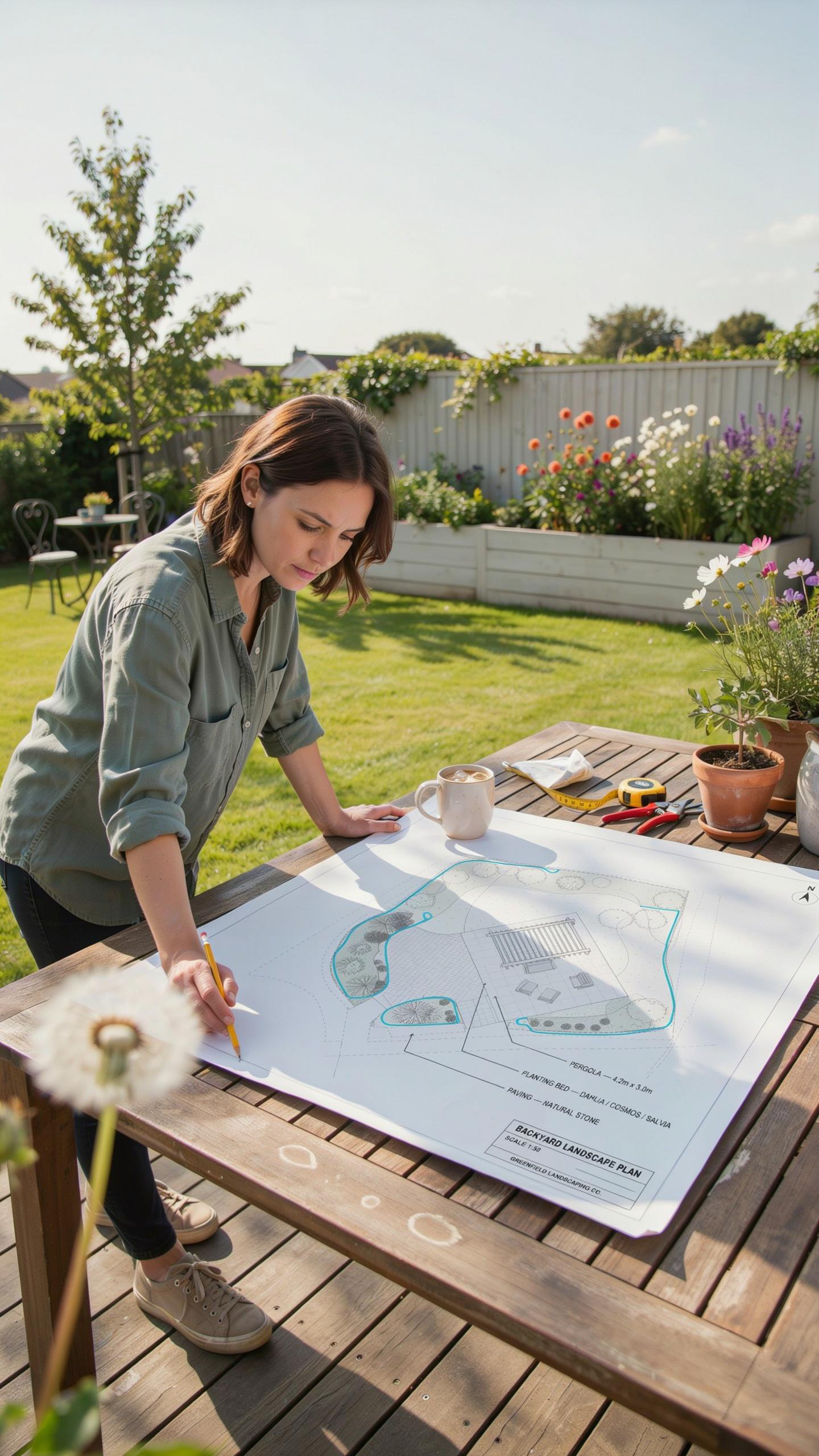 A young woman with short brown hair, wearing a green button-up shirt and dark pants, leans over a large architectural drawing spread on a wooden outdo