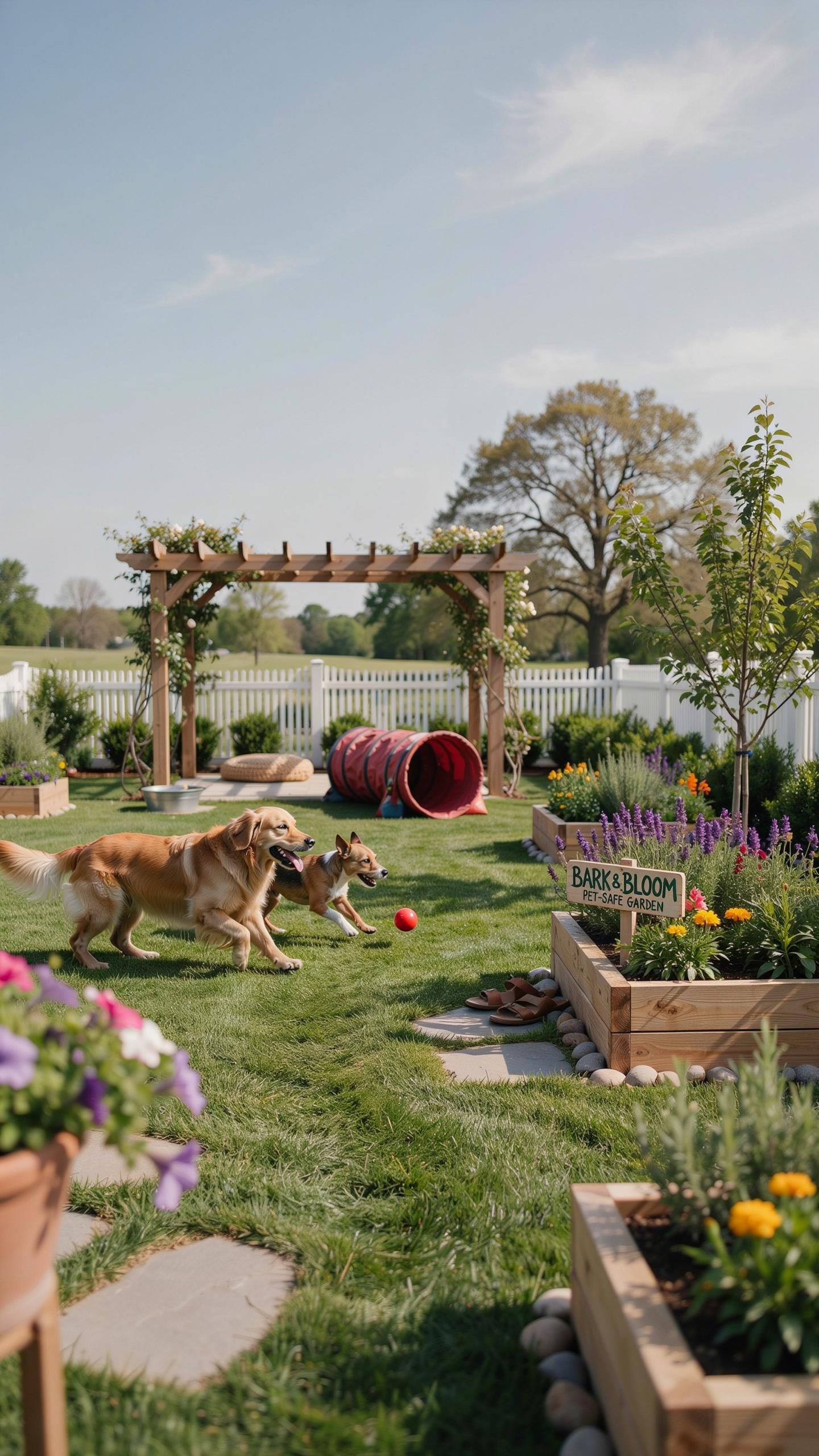 Two golden retrievers play with a red ball in a lush green backyard featuring a dog agility tunnel, raised garden beds overflowing with colorful flowe