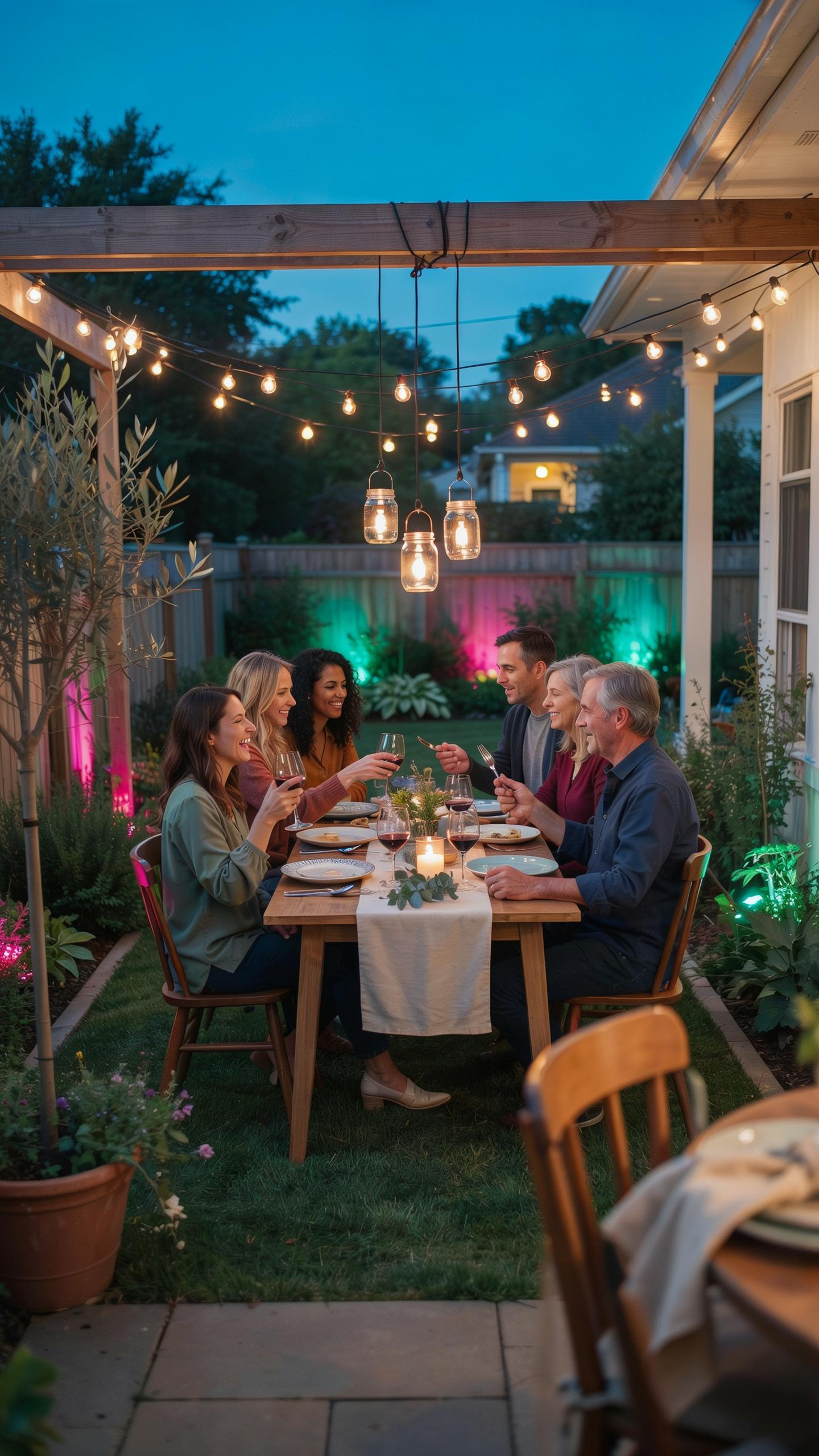A group of six adults, three men and three women, sit around an outdoor dining table on a patio, surrounded by lush plants, string lights, and colorfu