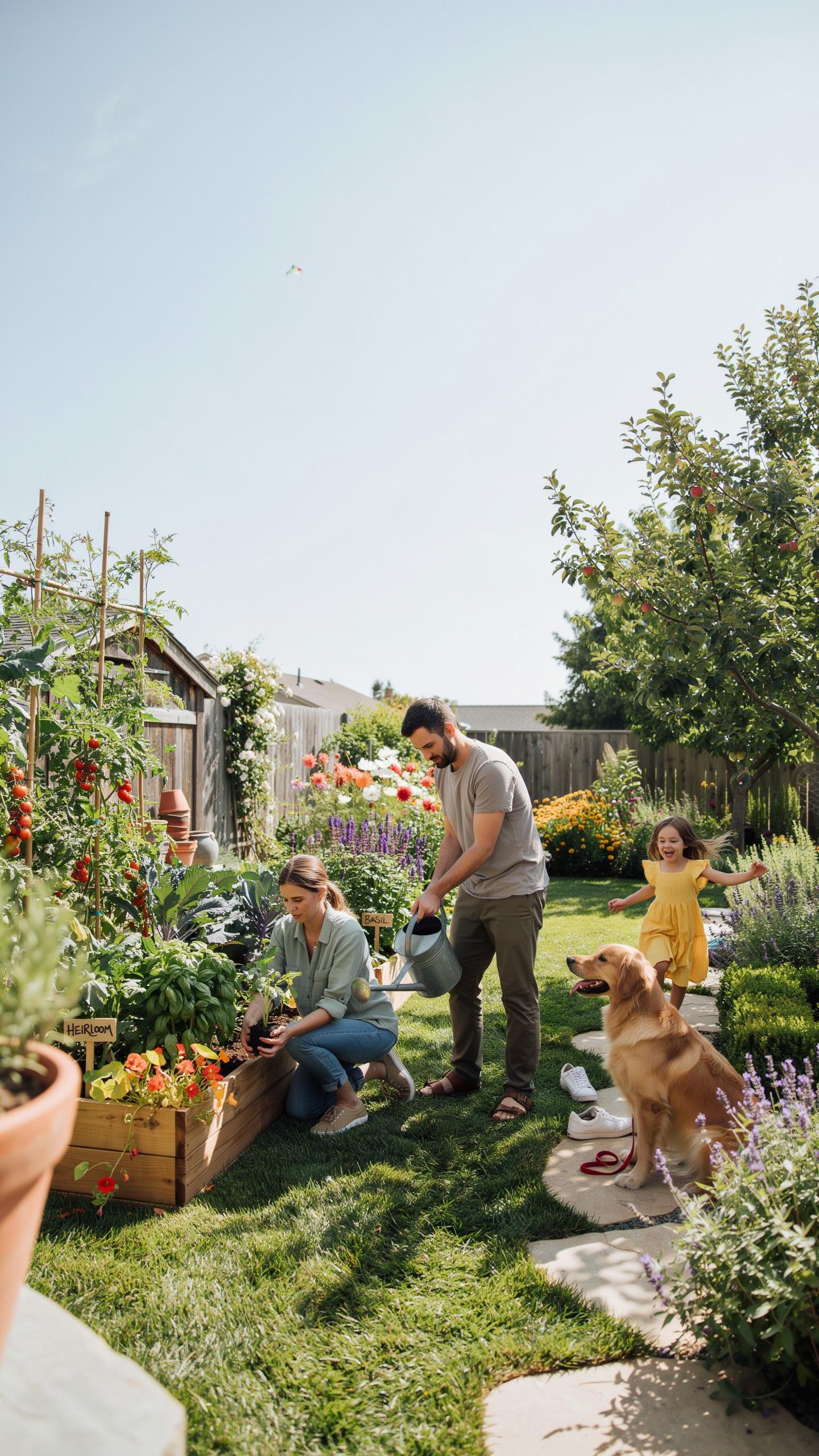 A family of three and their golden retriever dog are enjoying a sunny day in their lush backyard garden, with the parents tending to plants in raised