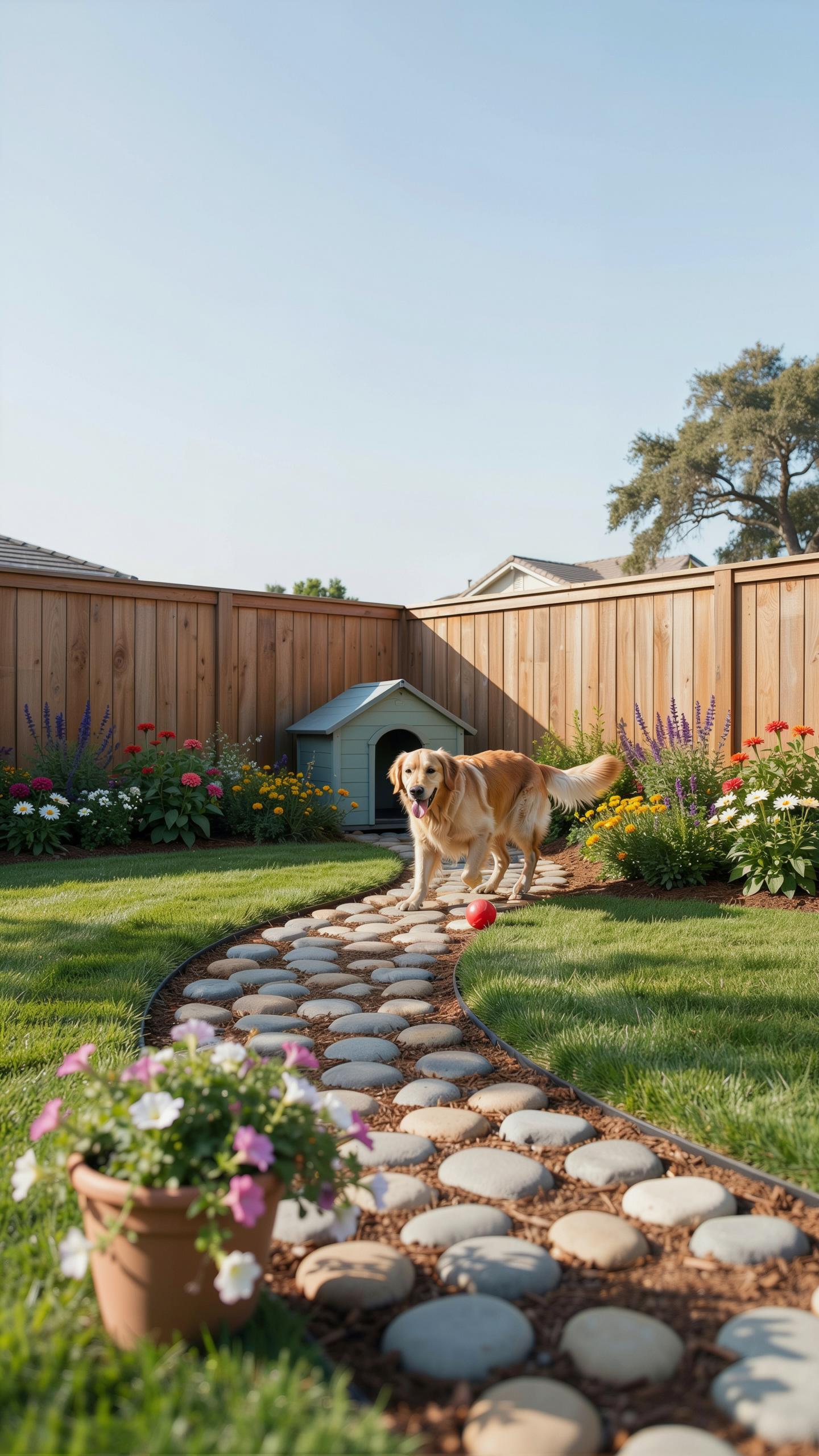 A golden retriever stands on a winding stone path in a sunny backyard, looking towards the viewer, with a red ball nearby and a dog house behind it.