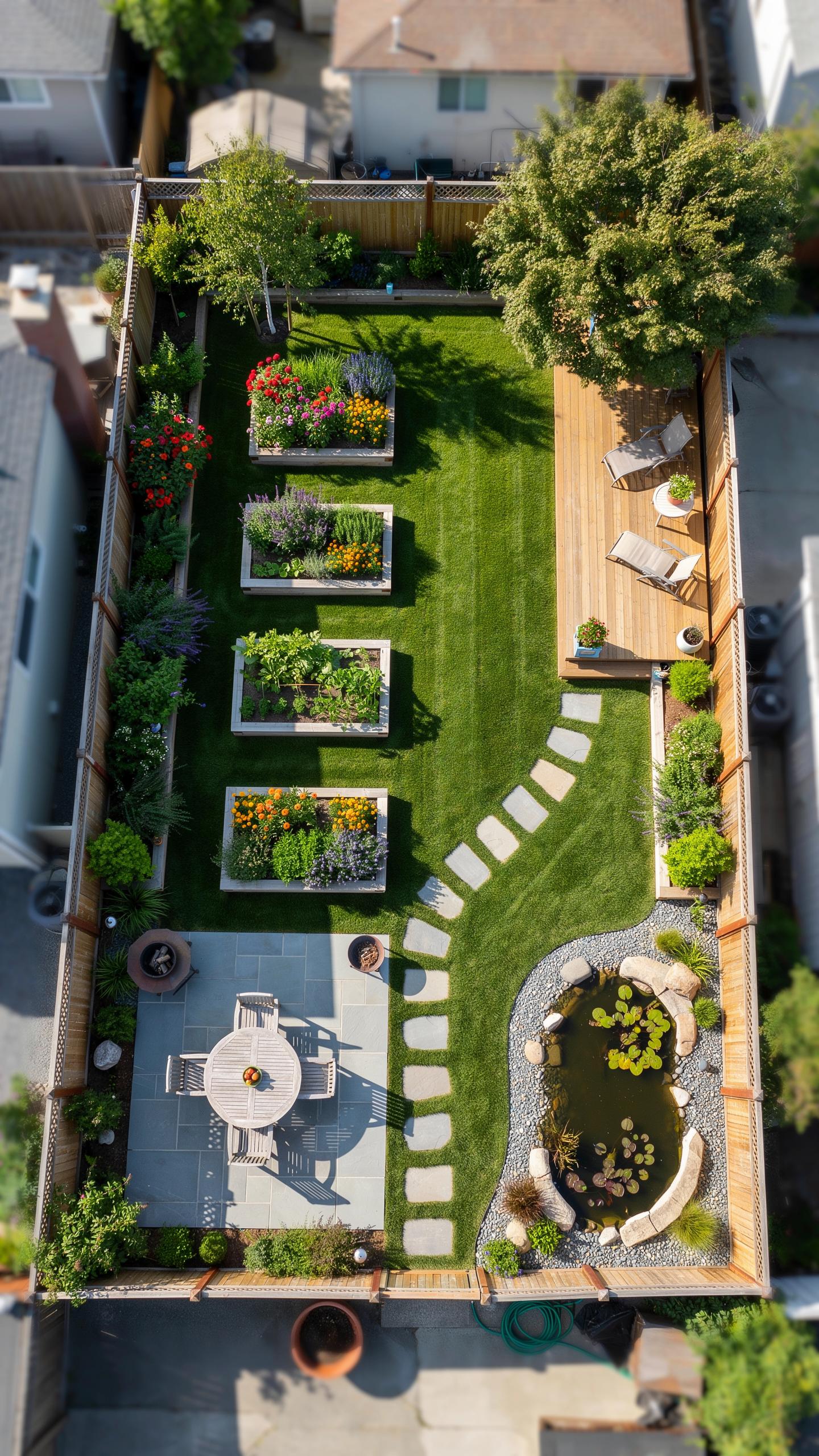 An aerial view of a meticulously designed long and narrow backyard garden, featuring a central green lawn path, four raised garden beds with vibrant p