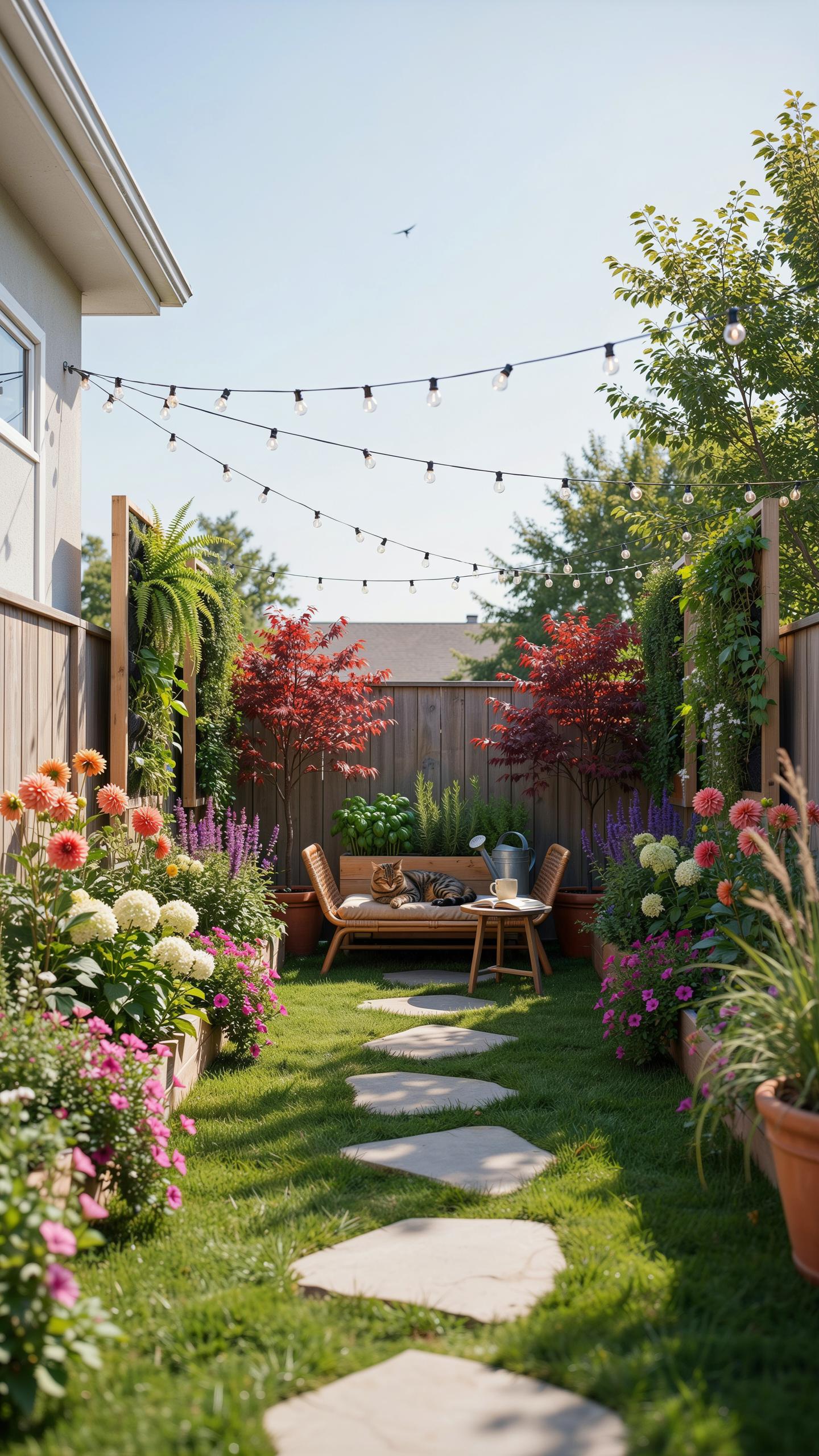A narrow, lush backyard garden path is lined with raised planters overflowing with colorful flowers and green foliage, leading to a wooden bench and s