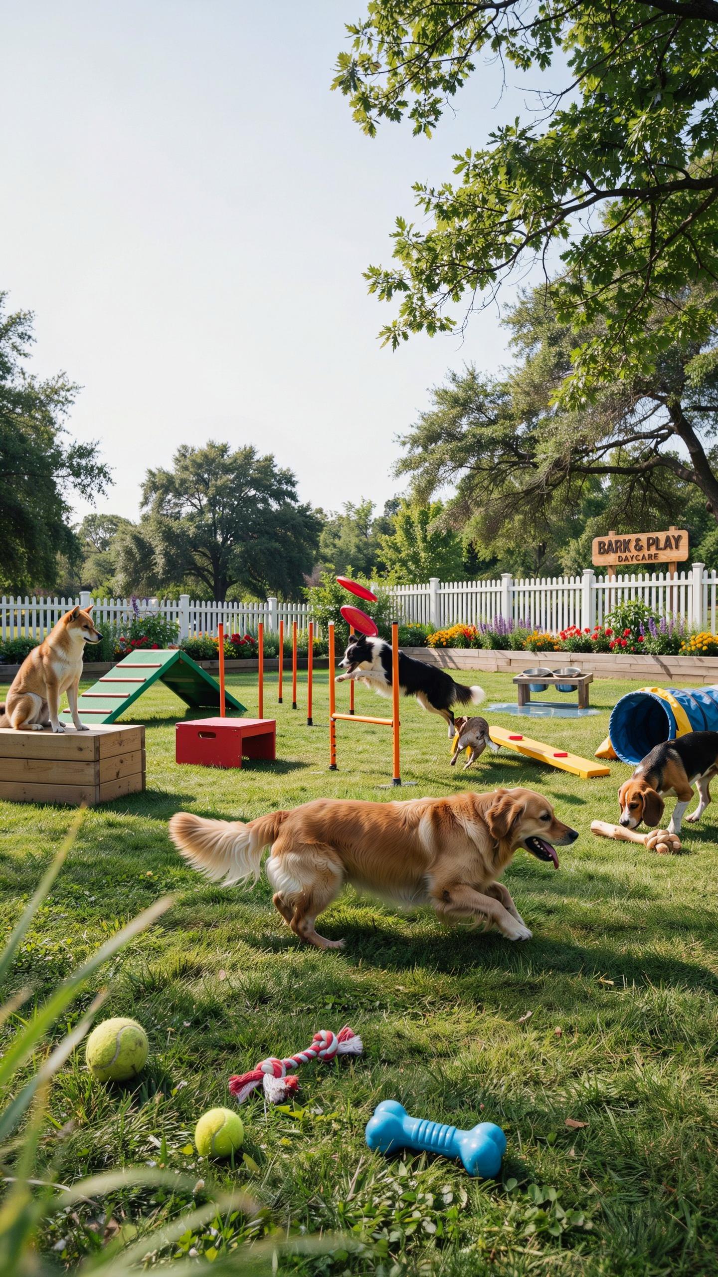 Several dogs of various breeds, including golden retrievers, a beagle, and a border collie mix, play on a sunny outdoor agility course with green gras