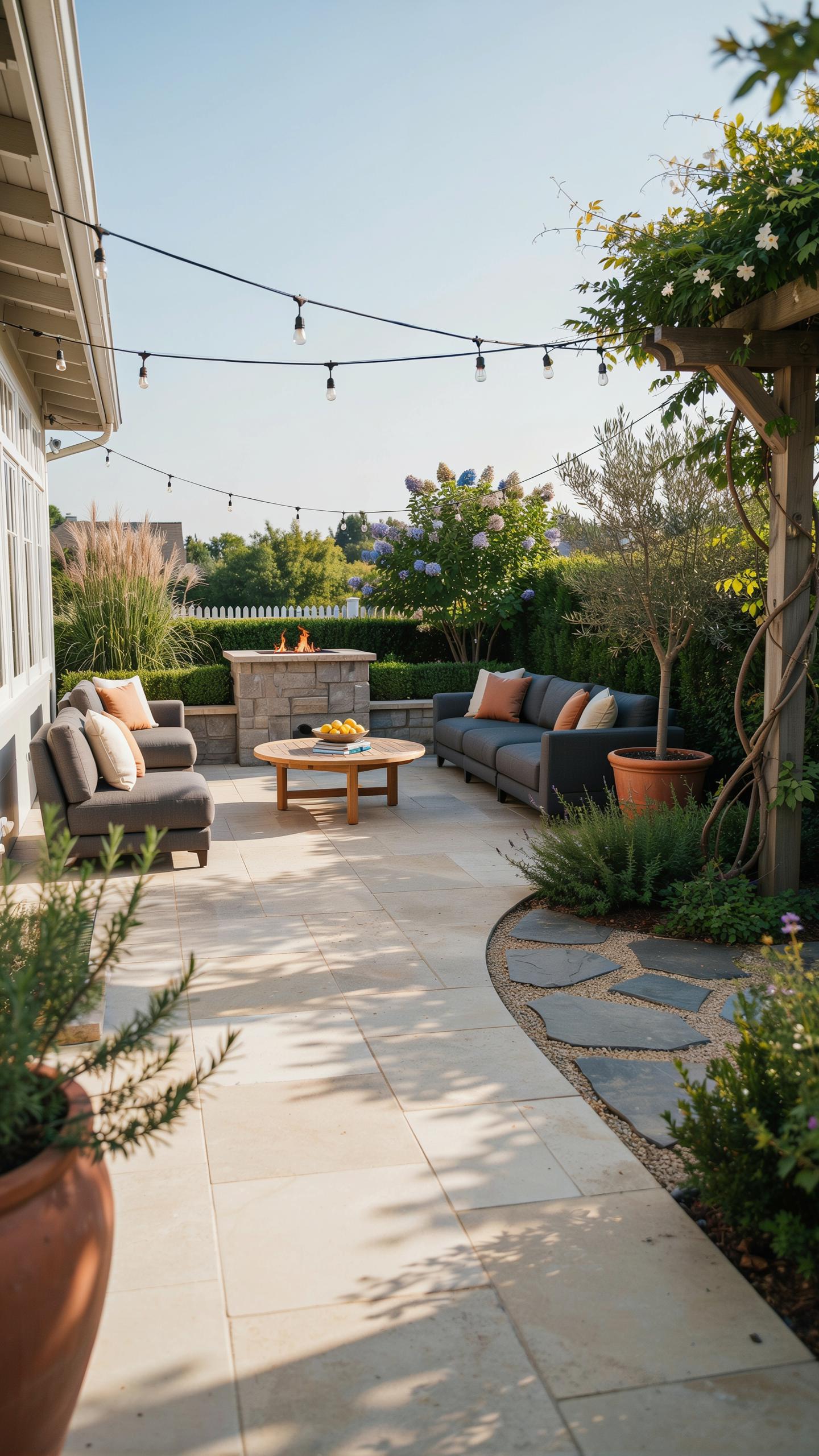A luxurious outdoor patio features light-colored pavers, leading to a seating area with dark grey sofas and chairs accented with orange throw pillows,