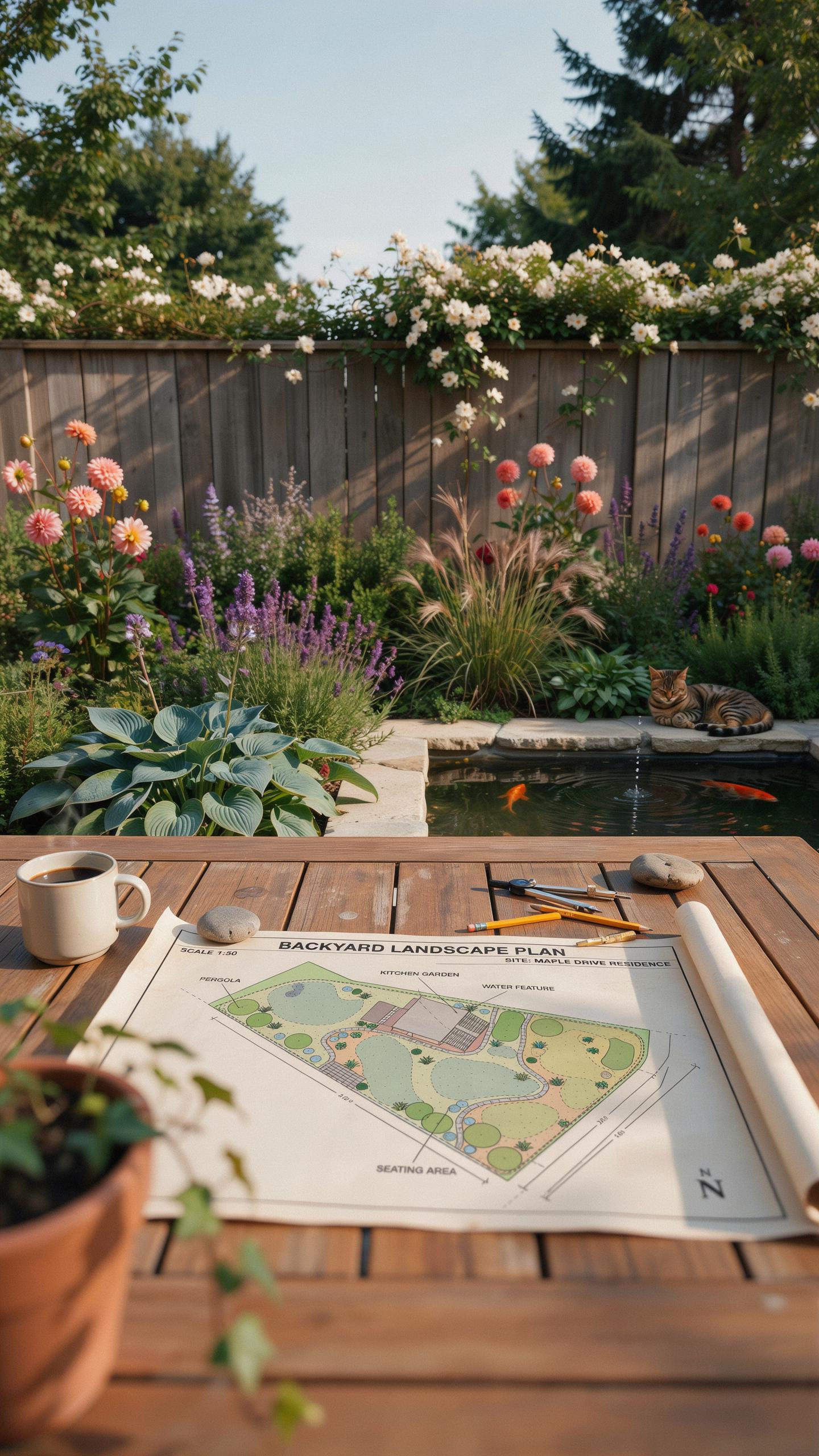 A rolled-out landscape design plan on a wooden table with a coffee cup, plant, and tools, overlooking a lush garden with a pond, roses, dahlias, and a