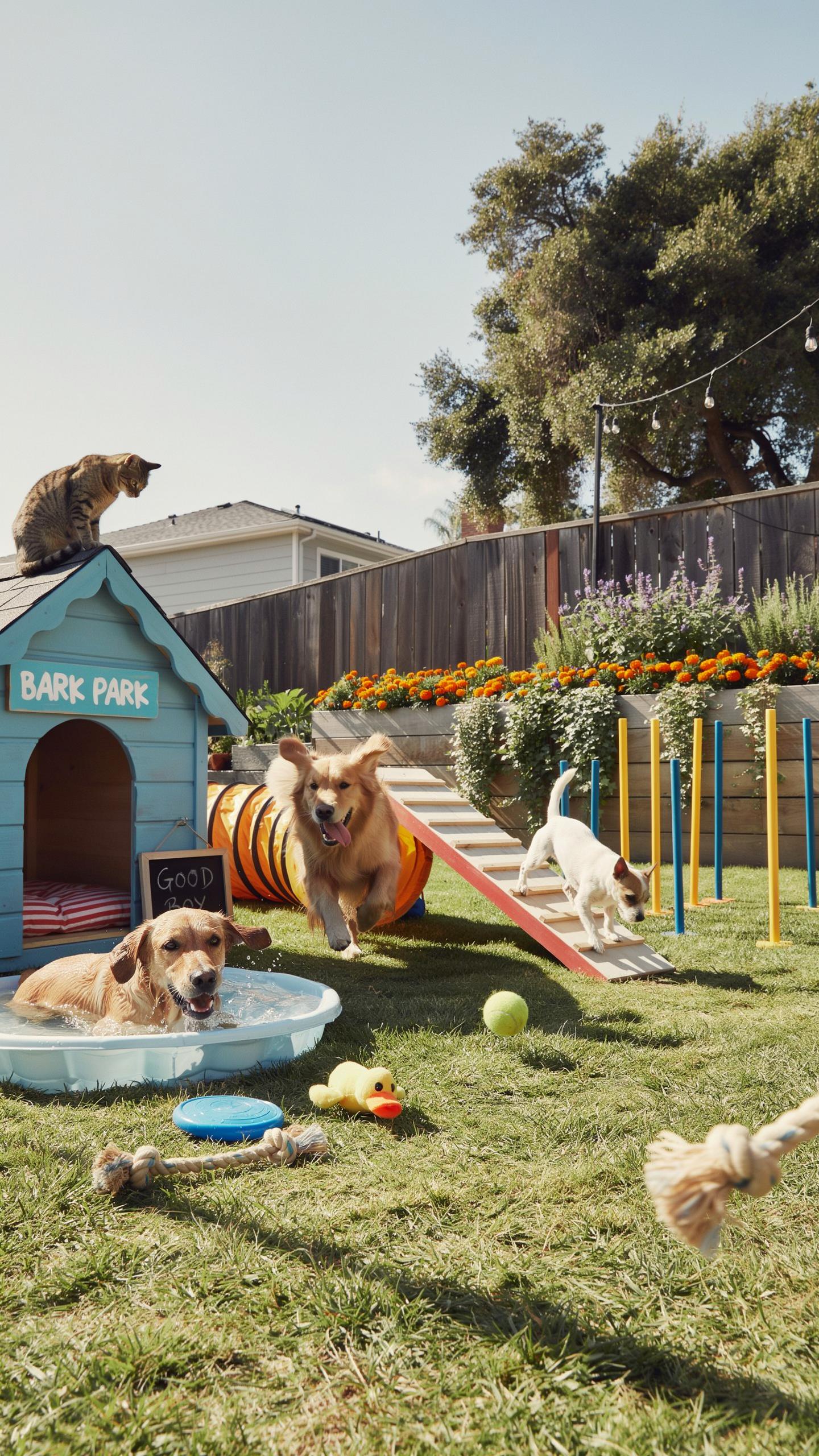 A golden retriever sits in a blue kiddie pool next to a light blue dog house, where a cat perches on the roof. Another golden retriever runs out of an