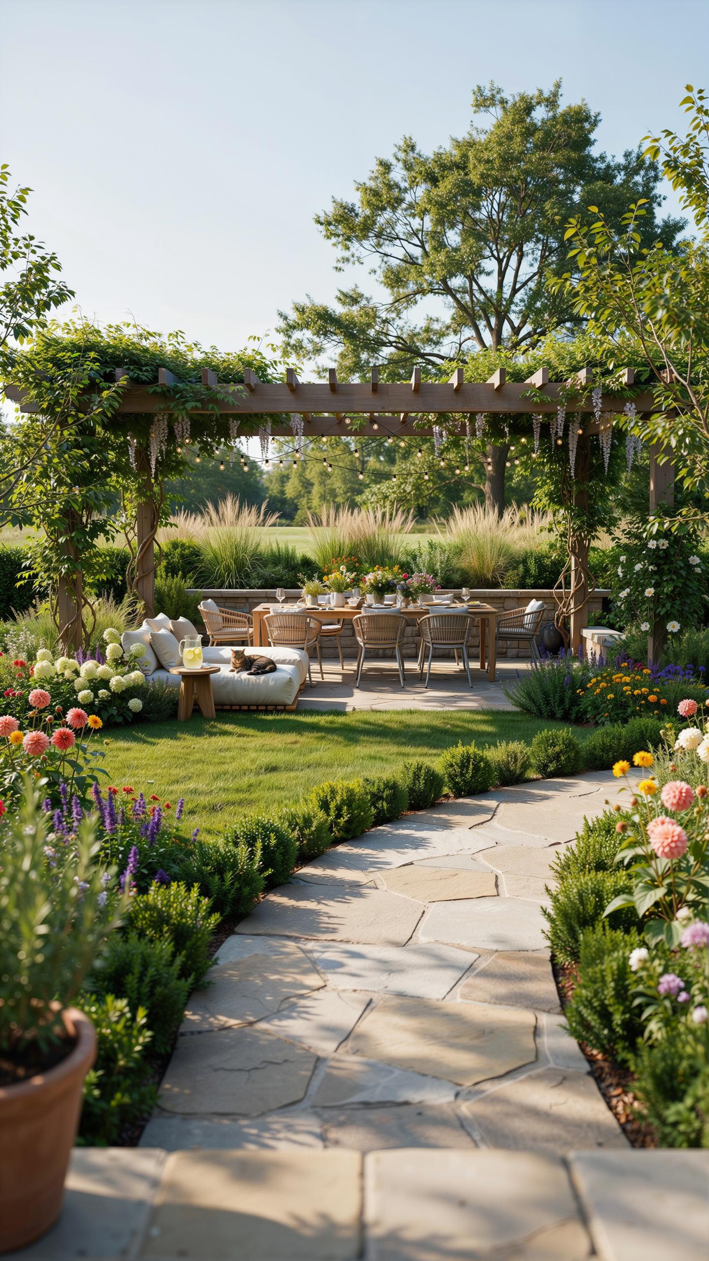 A stone pathway curves through a lush green garden towards a large wooden pergola covering an outdoor dining area, with additional seating on a patio,