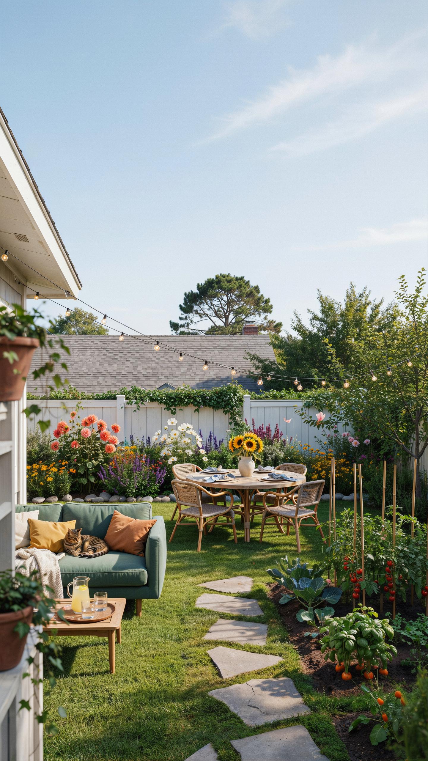 A beautiful backyard features a lush green lawn, a comfortable outdoor sofa with pillows, a dining table set for guests, and thriving garden beds with