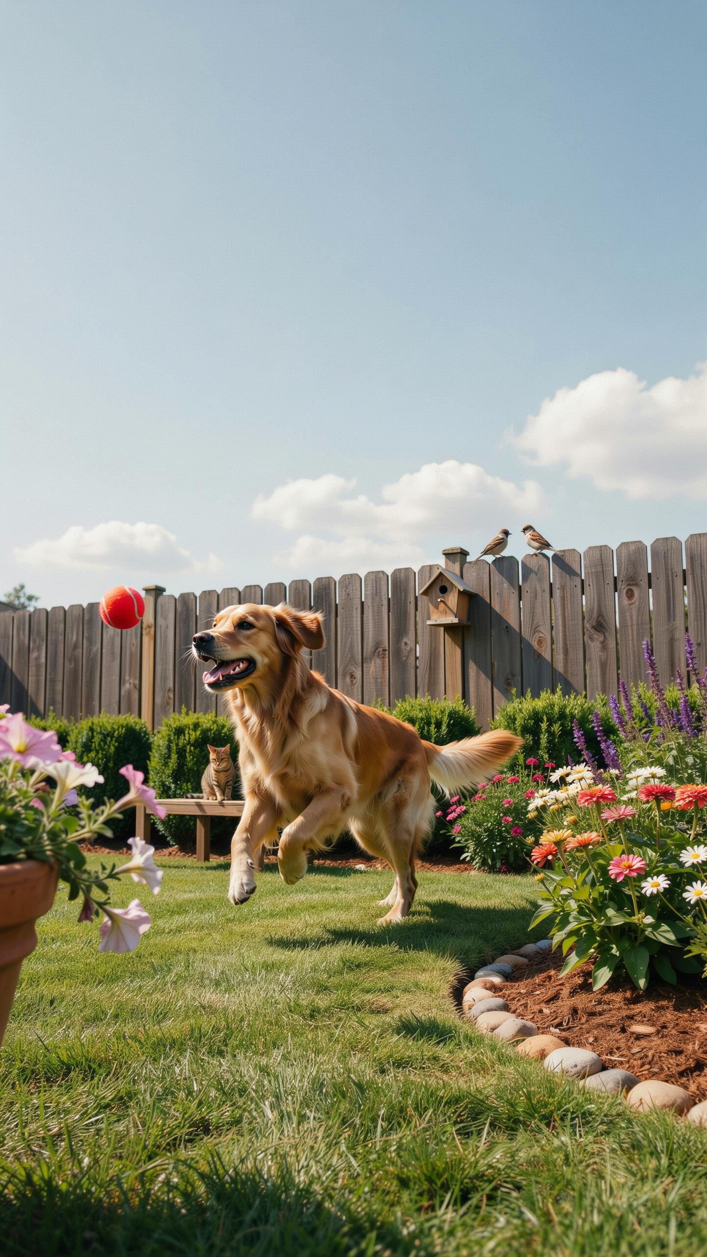 A happy Golden Retriever with its mouth open, running and leaping towards a red ball in a sunny backyard with green grass, surrounded by colorful flow