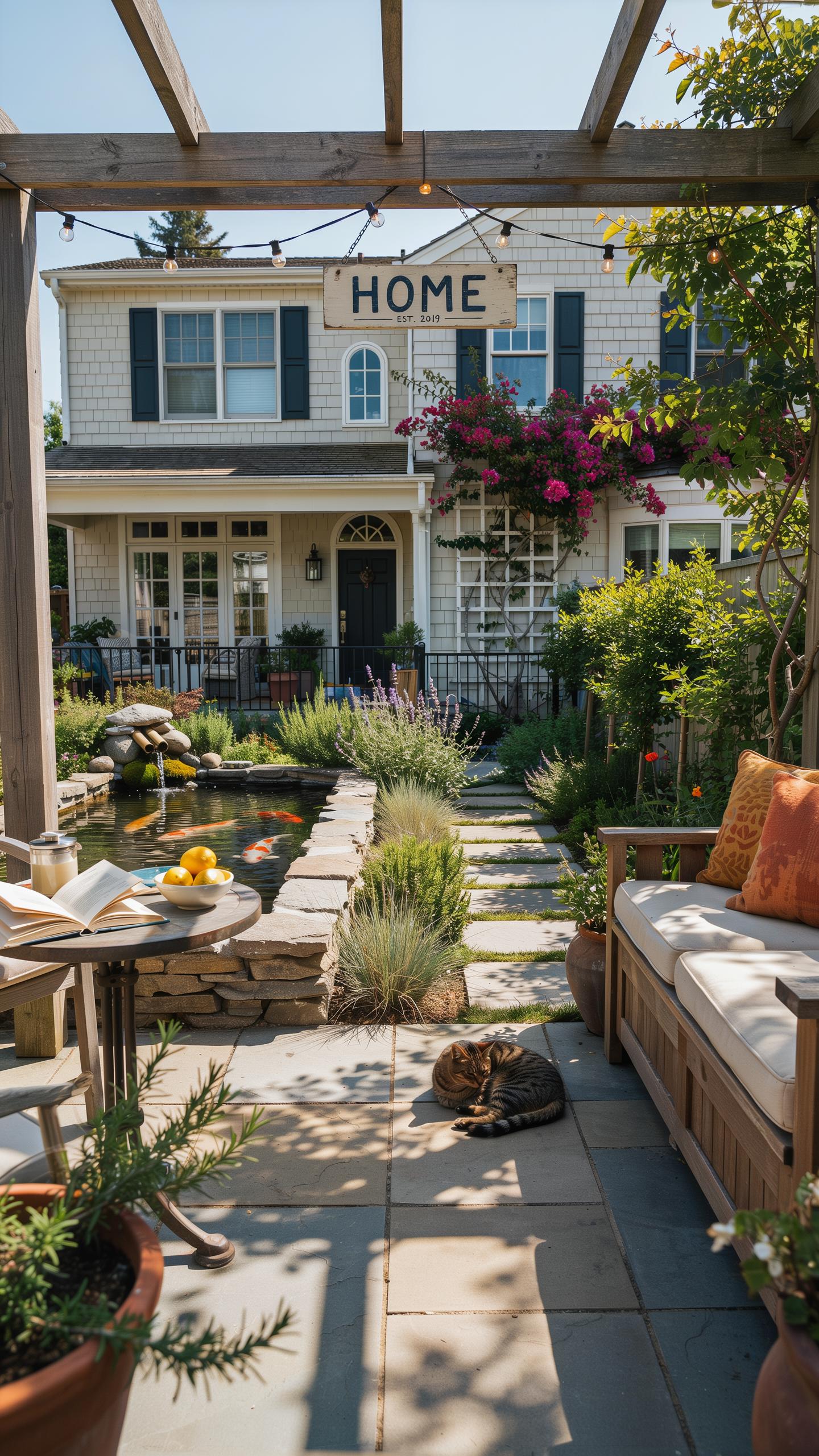 A serene backyard oasis features a white two-story house in the background, a koi pond with a stone pathway, lush greenery, and a cozy patio area with